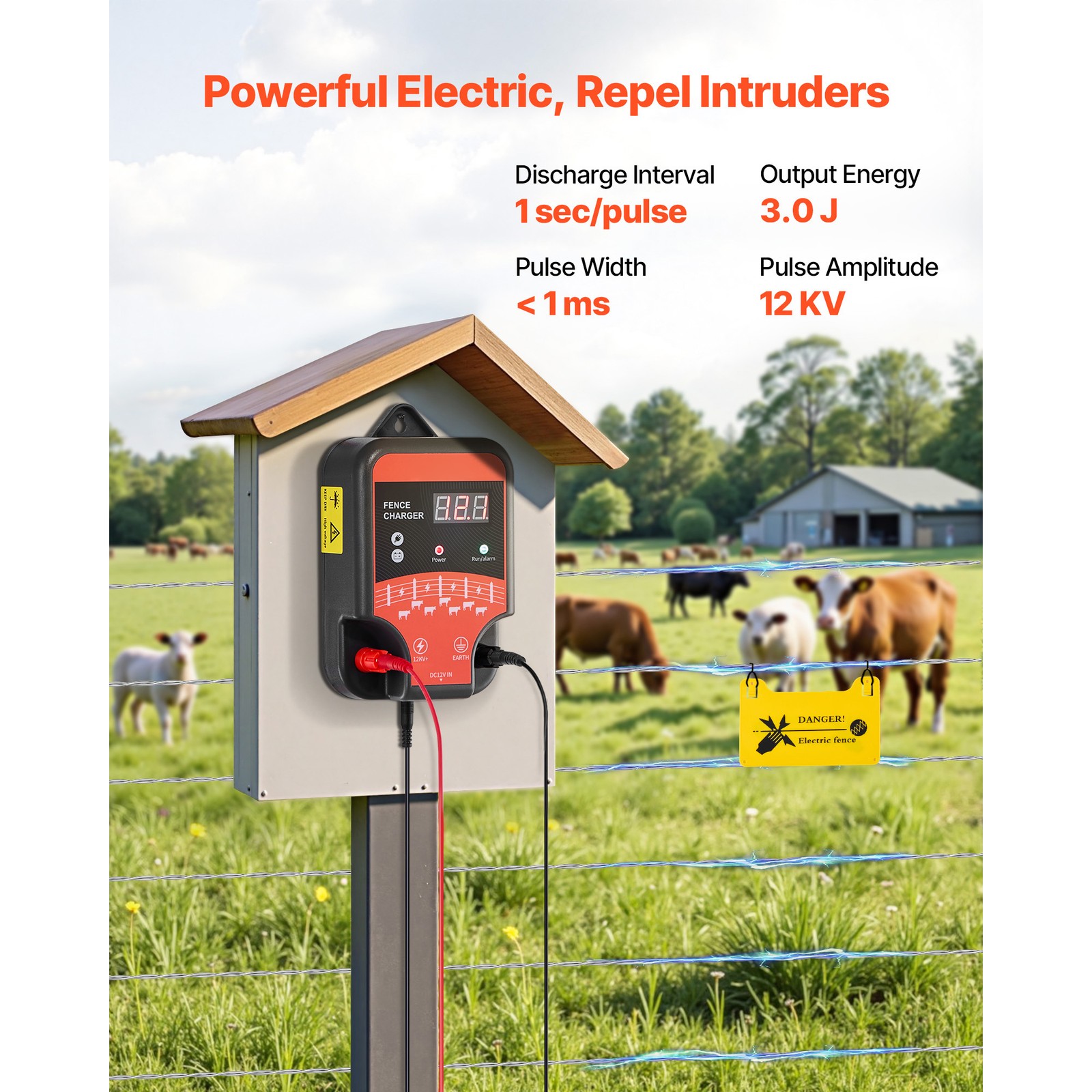 Electric Fence Charger 10kV 3J AC DC Electric Fence Energizer 1.86 Miles Range
