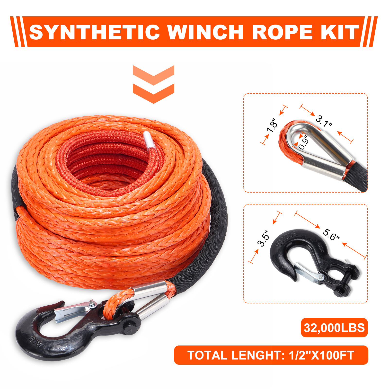 1/2″x100ft 32000lbs Synthetic Winch Rope Winch Line Cable Recovery 4WD ATV SUV