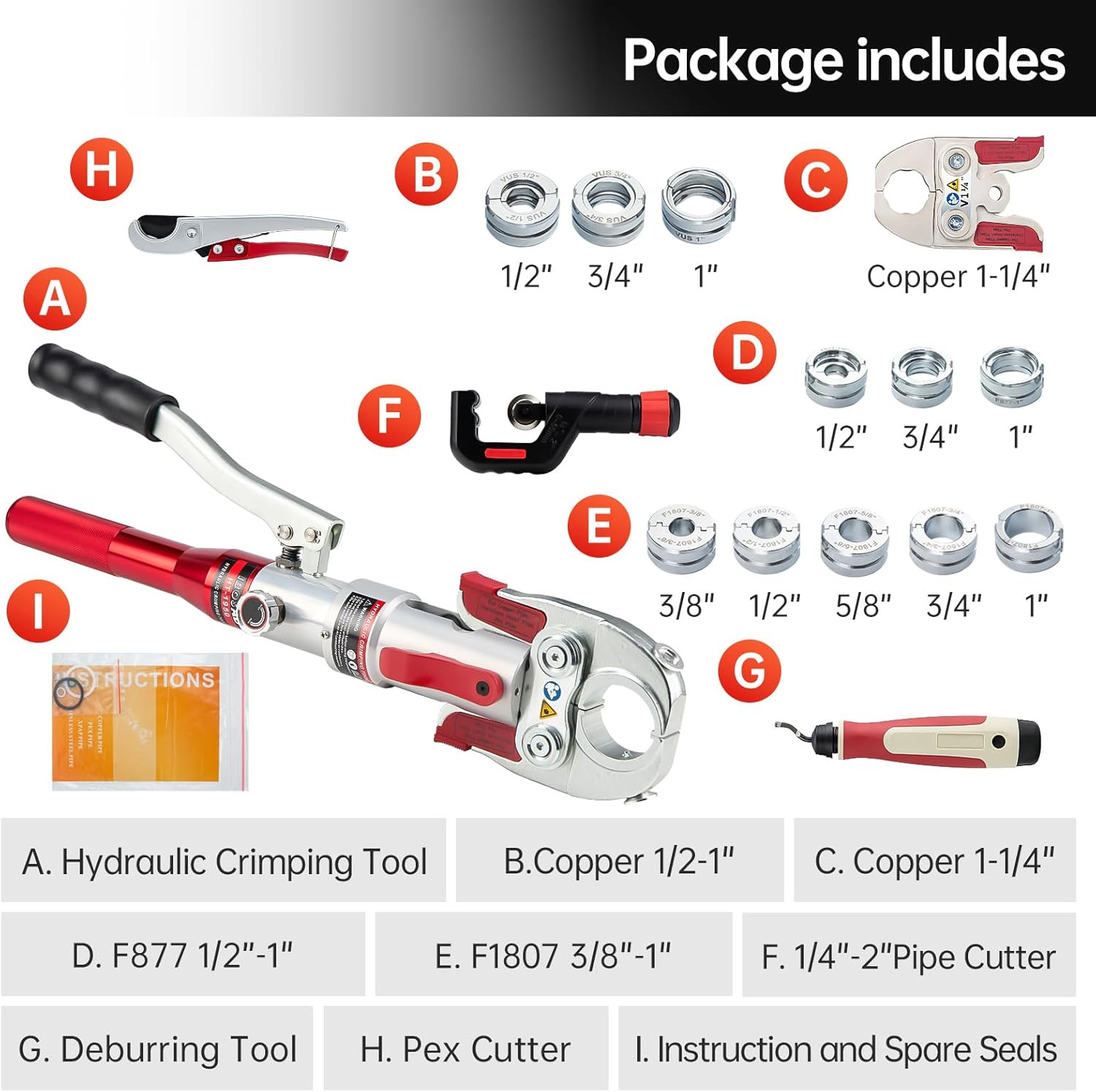 Hydraulic Copper Pipe Tube Fittings Crimping Tool with 1/2″,3/4″,1″,1-1/4″ for C