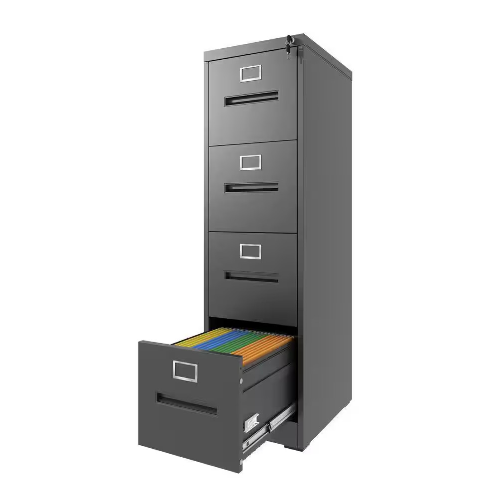 17.72 In. W 4 Drawer Steel File Cabinet with Lock, Black Filing Cabinets, Modern