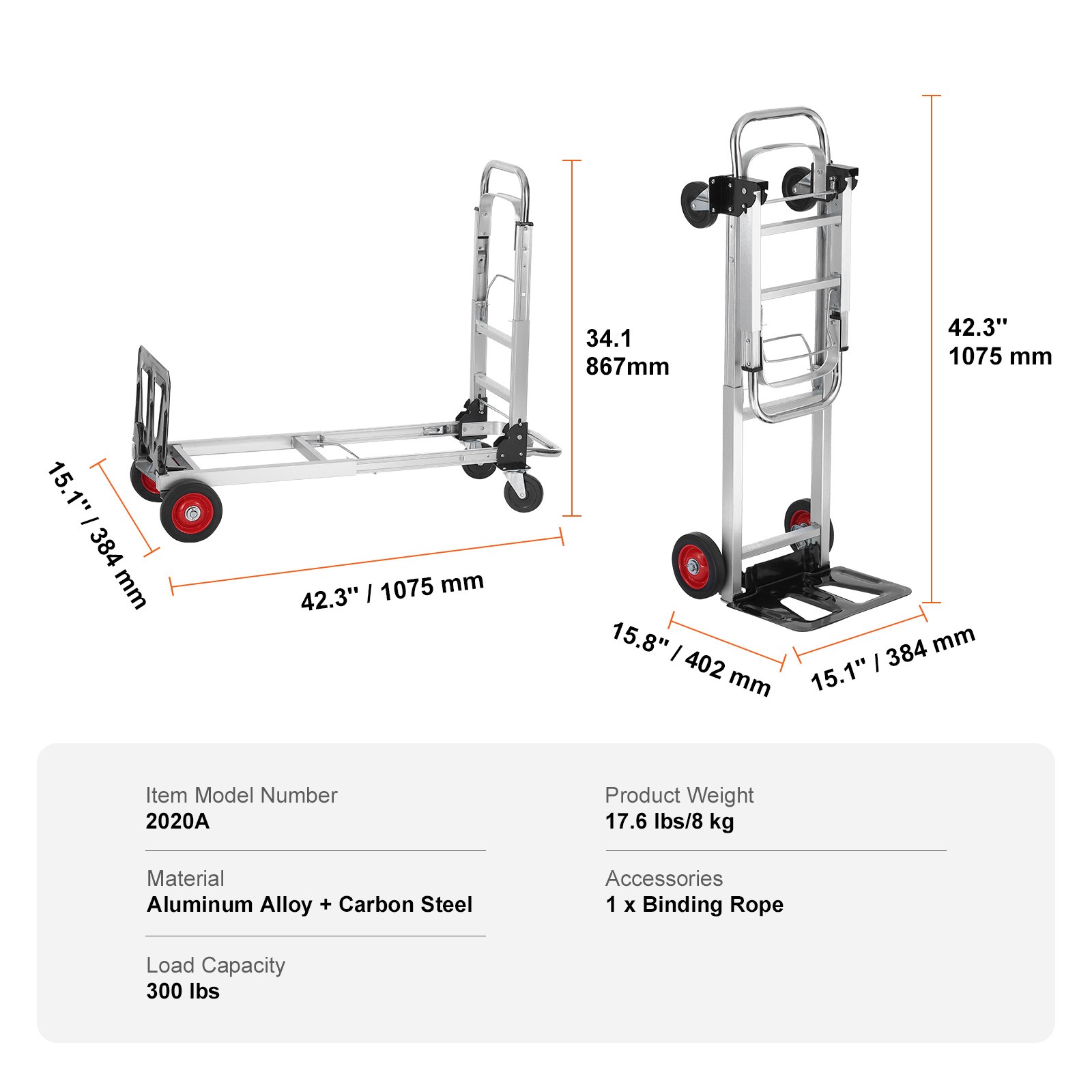 VEVOR Aluminum Hand Truck 2 in 1 Folding Dolly Cart 400 lbs Capacity Heavy Duty