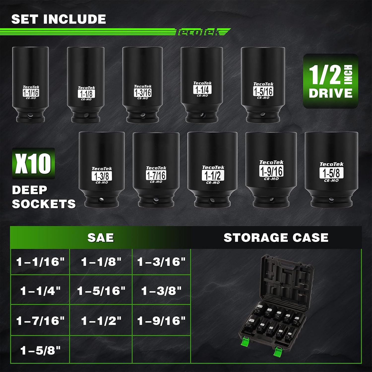 1/2″ Drive Deep 6-Point Impact Socket Set, 10-Piece Deep SAE Spindle Axle Nut Im
