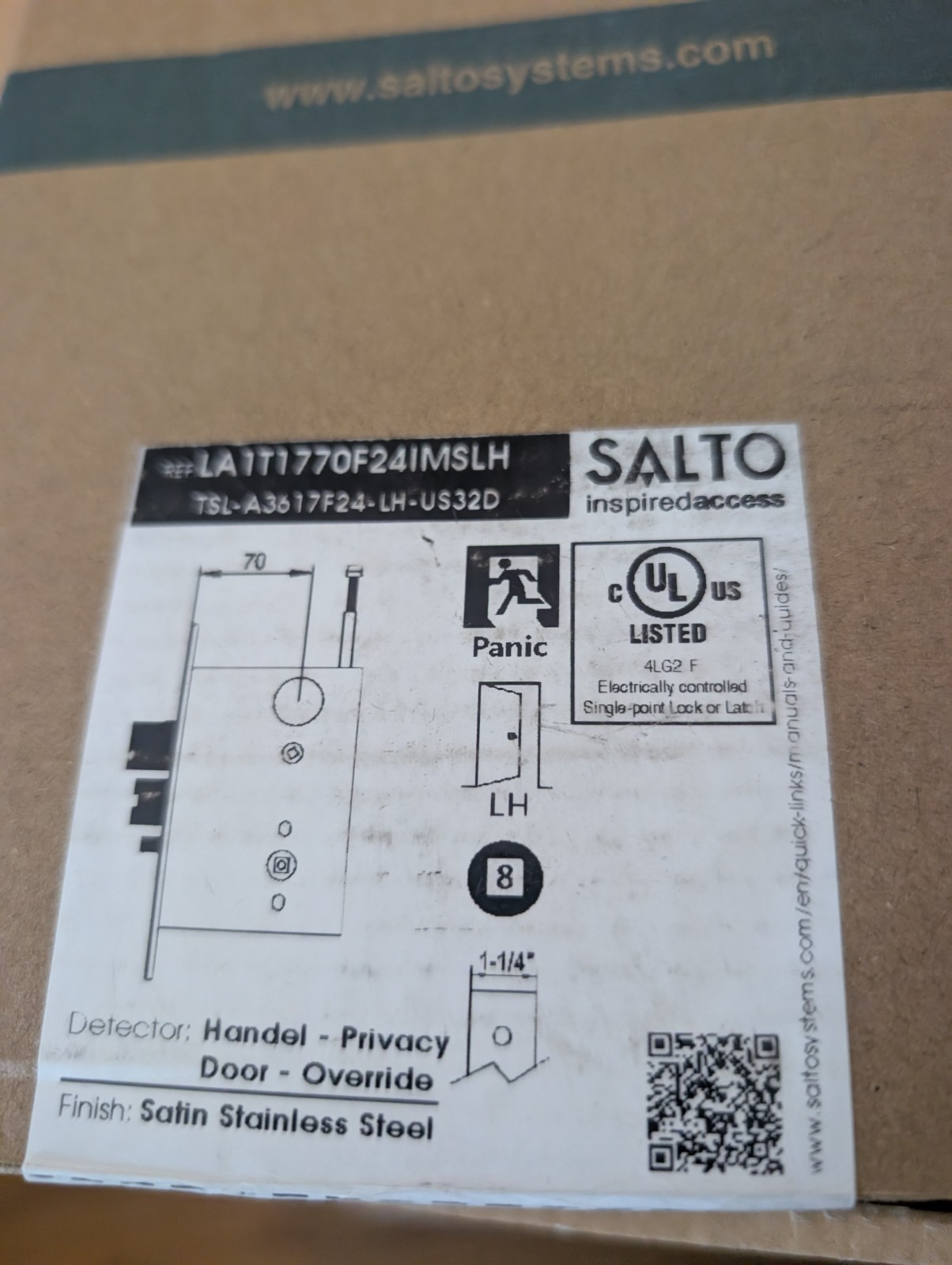 Salto XS4 LA1T Mortise Lock Case w/ Door Detector Satin SS (LA1T1770F24PMSLH) LH