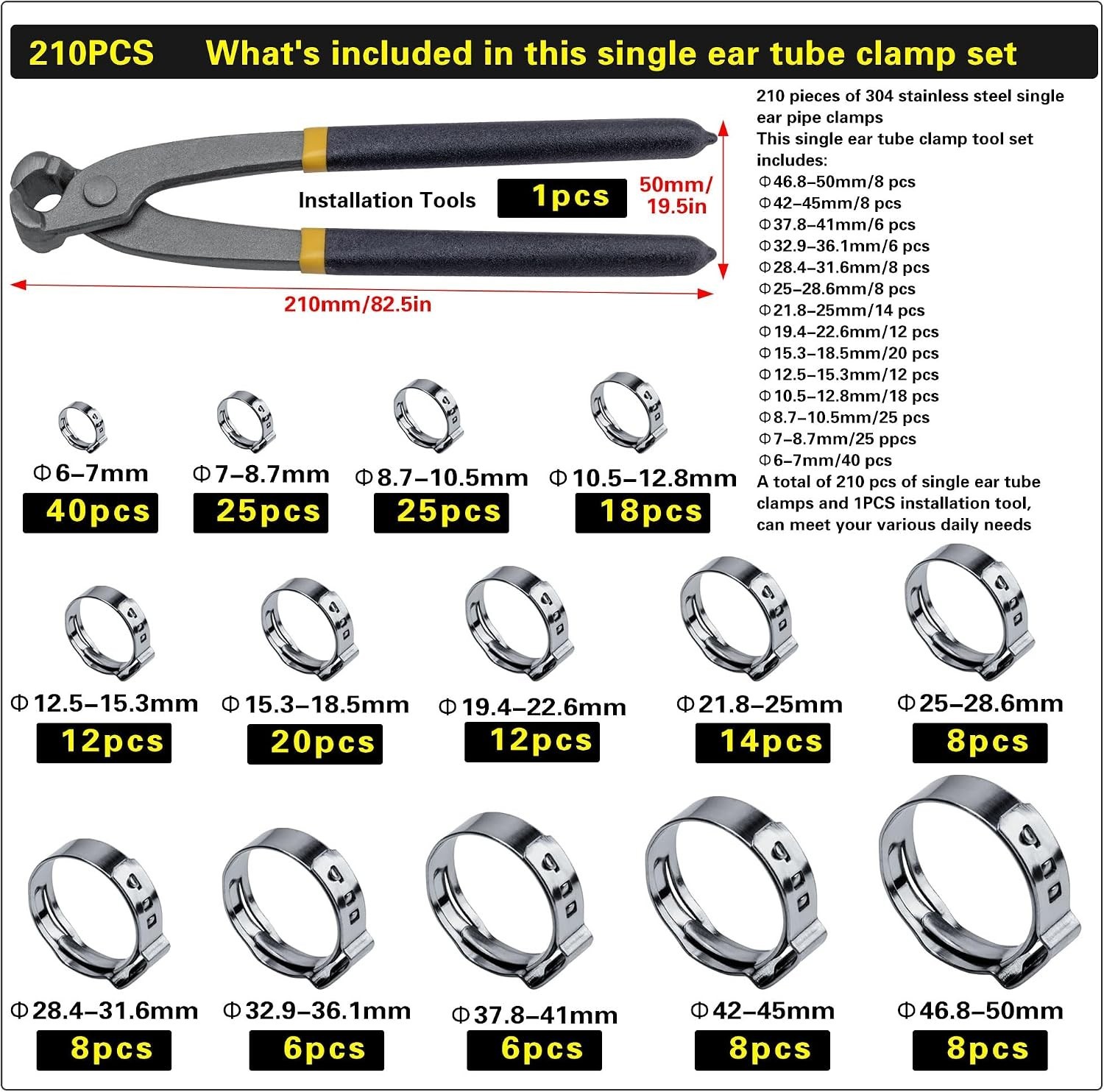AskWay 210 Pc 304 Stainless Steel Hose Clamp Assortment 6 To 50 Mm