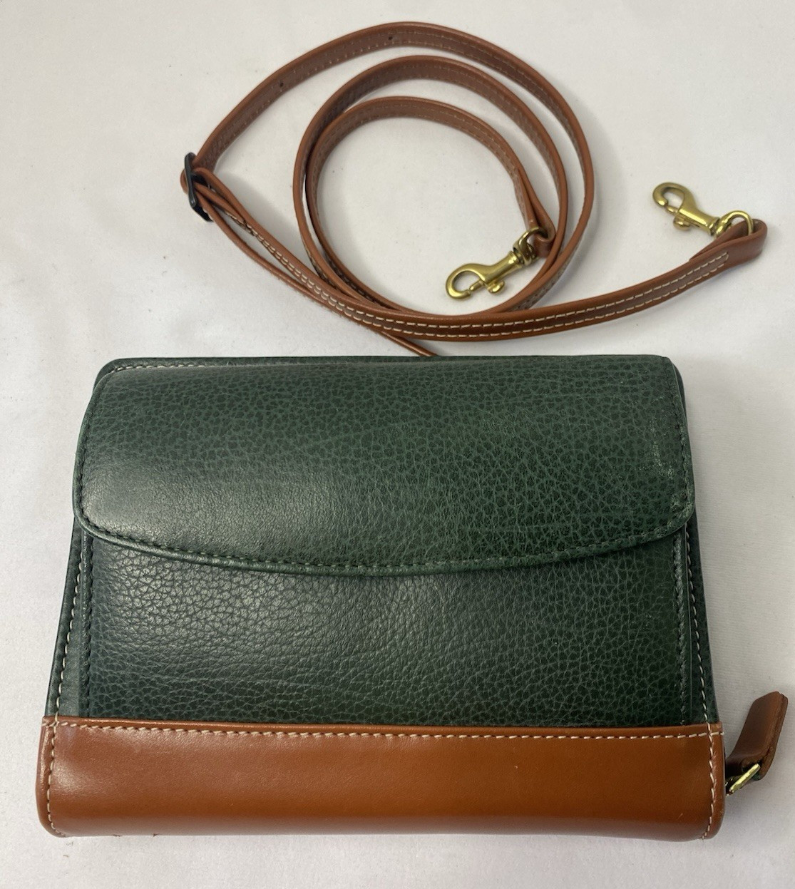 VINTAGE FRANKLIN QUEST ZIP PLANNER LEATHER GREEN/BROWN W/ADJ STRAP 6-1″ RINGS