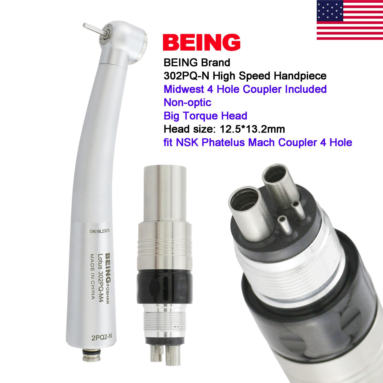 BEING Dental High Speed Turbine Handpiece NSK Phatelus Coupler 4 Hole 302PQ-N