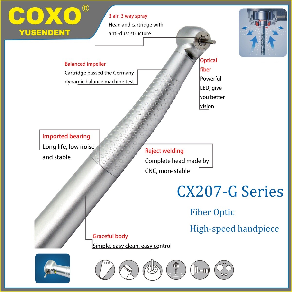 COXO Dental Handpiece Fiber Optic High Speed Turbine LED 6 Pin Coupling Fit KAVO