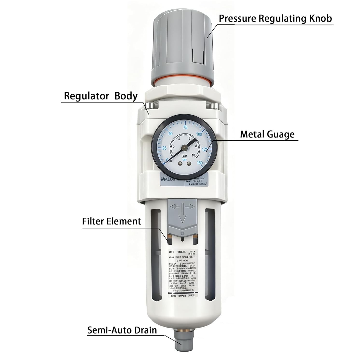 1/2″ NPT Compressed Air Filter Regulator Semi-Auto Drain Water/Oil Separator