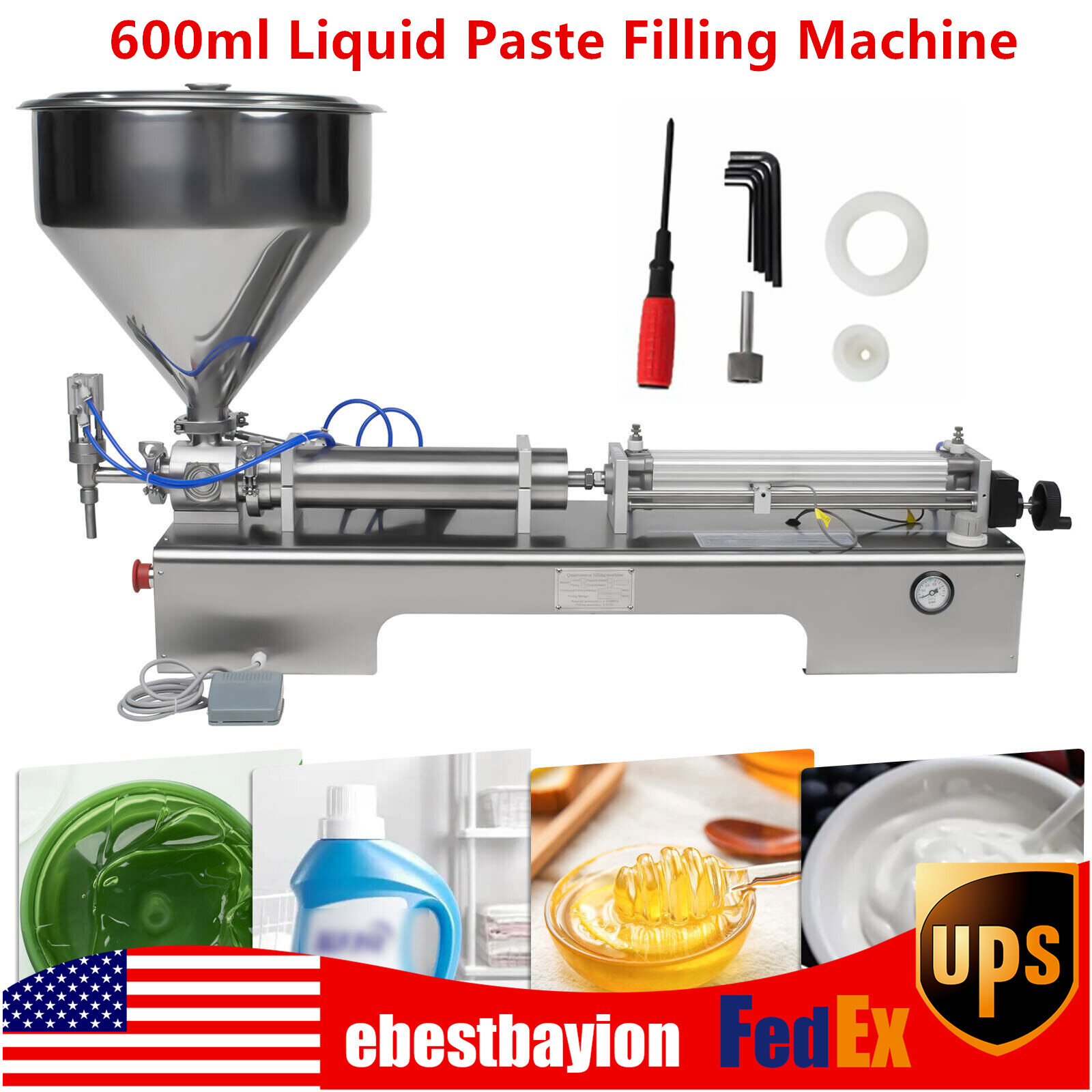 600ml Liquid Paste Filling Machine Pneumatic Bottle Pack Piston Filler + Hopper