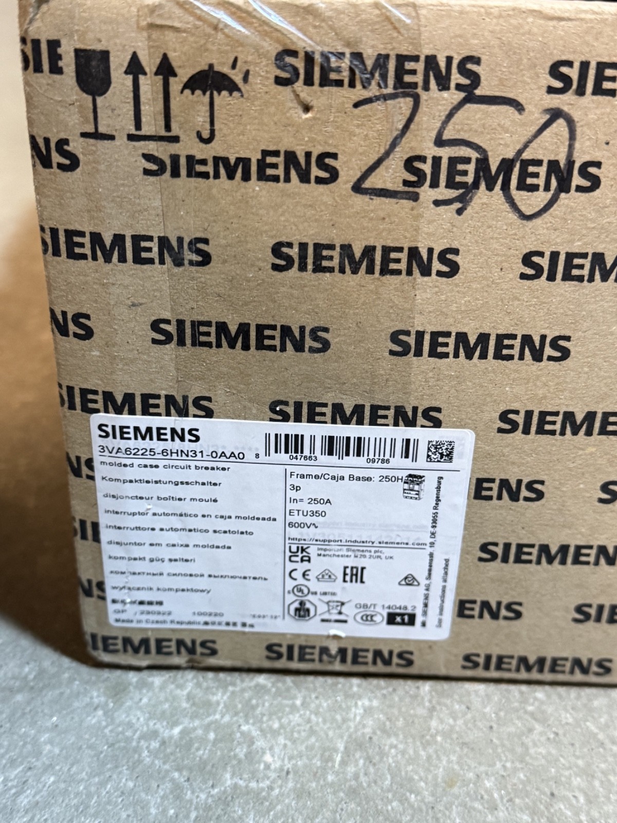 NEW Siemens 3VA6225-6HN31-0AA0 3p 250a 65k – LSI Trip Unit – New Surplus