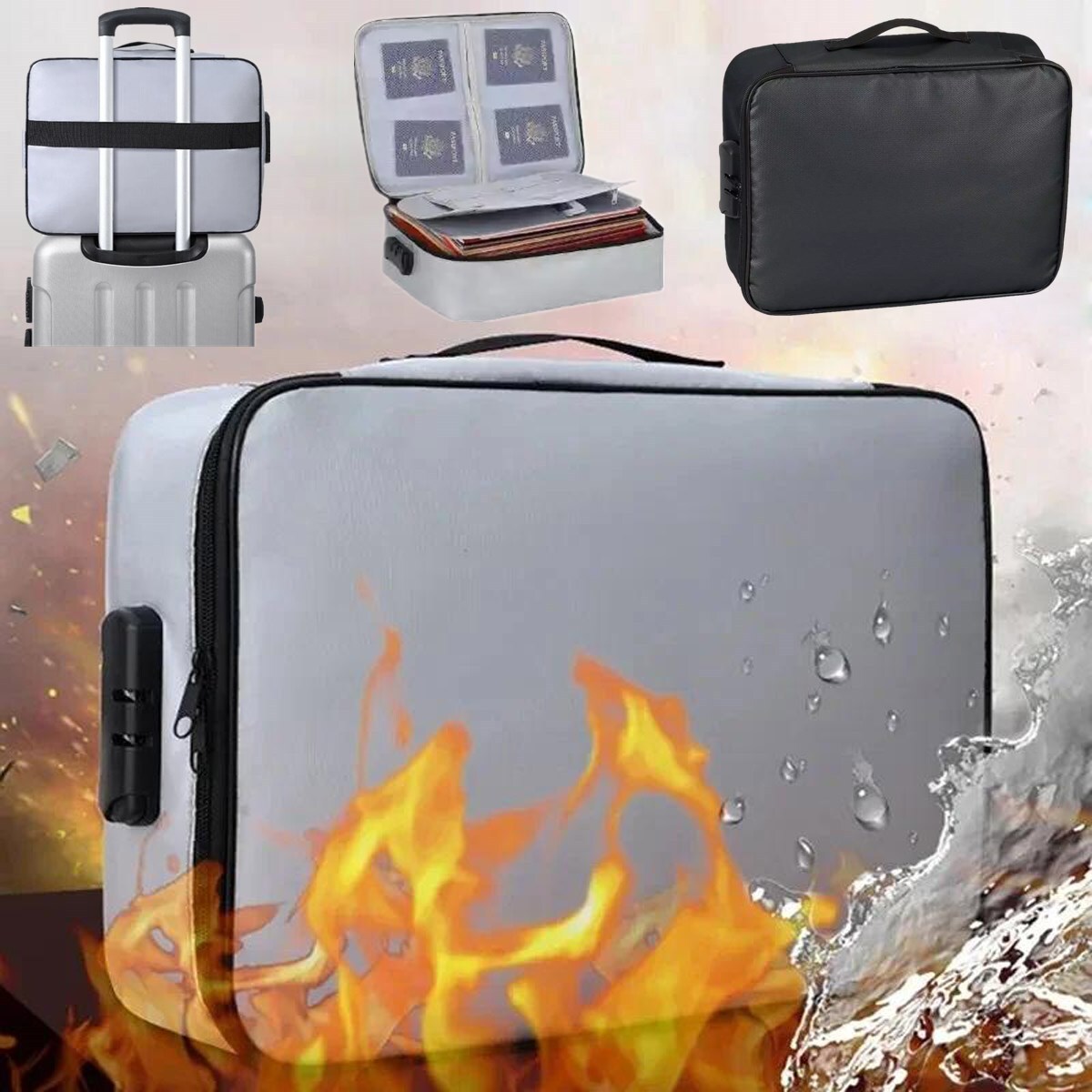 Fireproof Document Box With Lock File Storage Organizer Box Waterproof Safe Bag