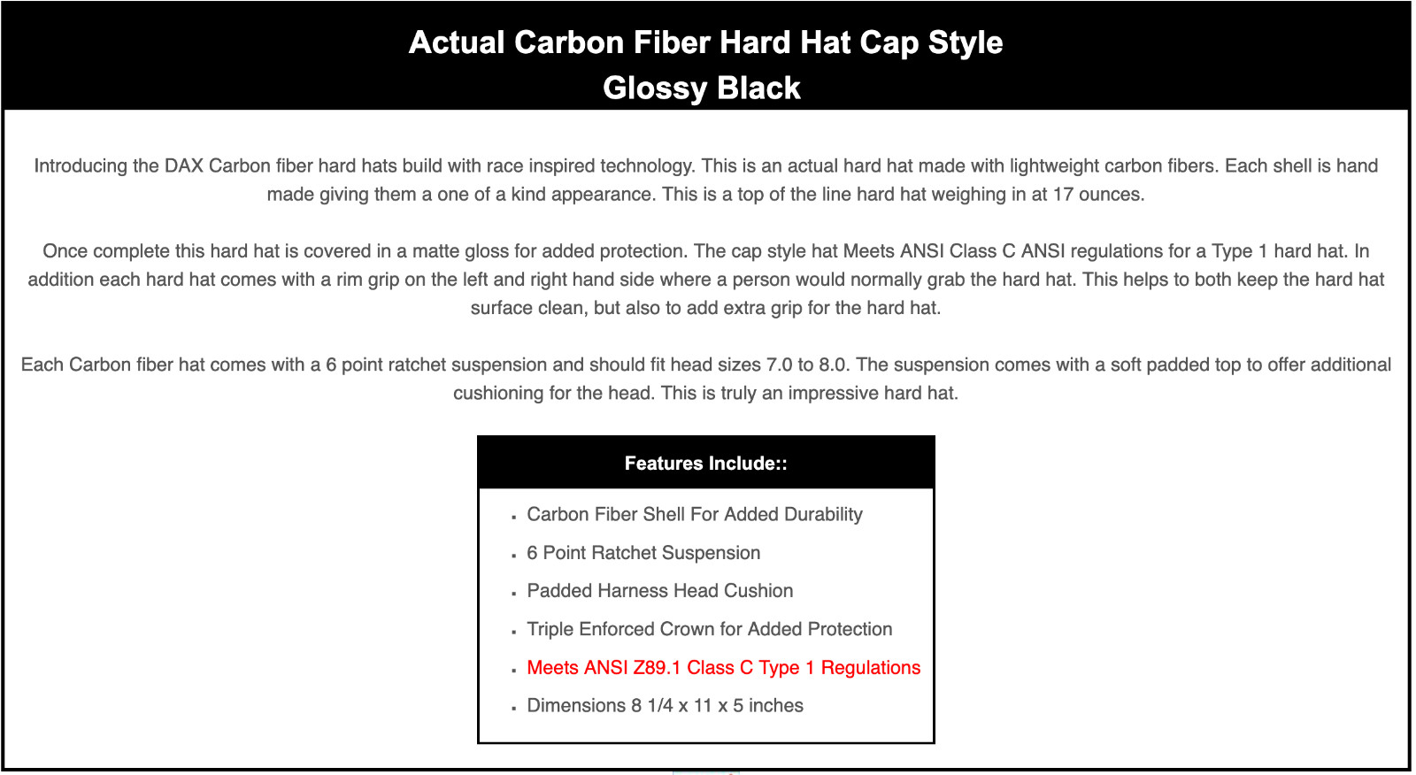 DAX Actual Carbon Fiber Cap Style Lift Safety Hard Hat Satin Black