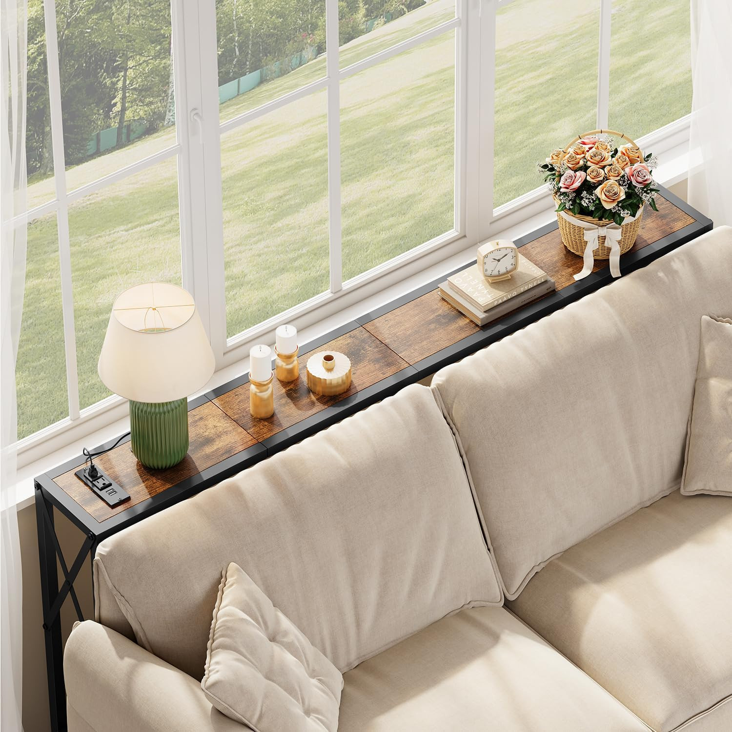 Narrow Console Table – 55.1″ Sofa Table behind Couch with Socket | Industrial St