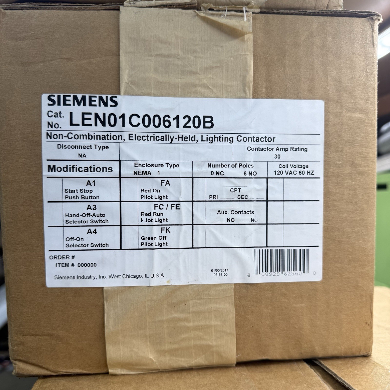 NEW SIEMENS LEN01C006120B NON-COMBINATION, ELECTRICALLY-HELD LIGHTING CONTACTOR