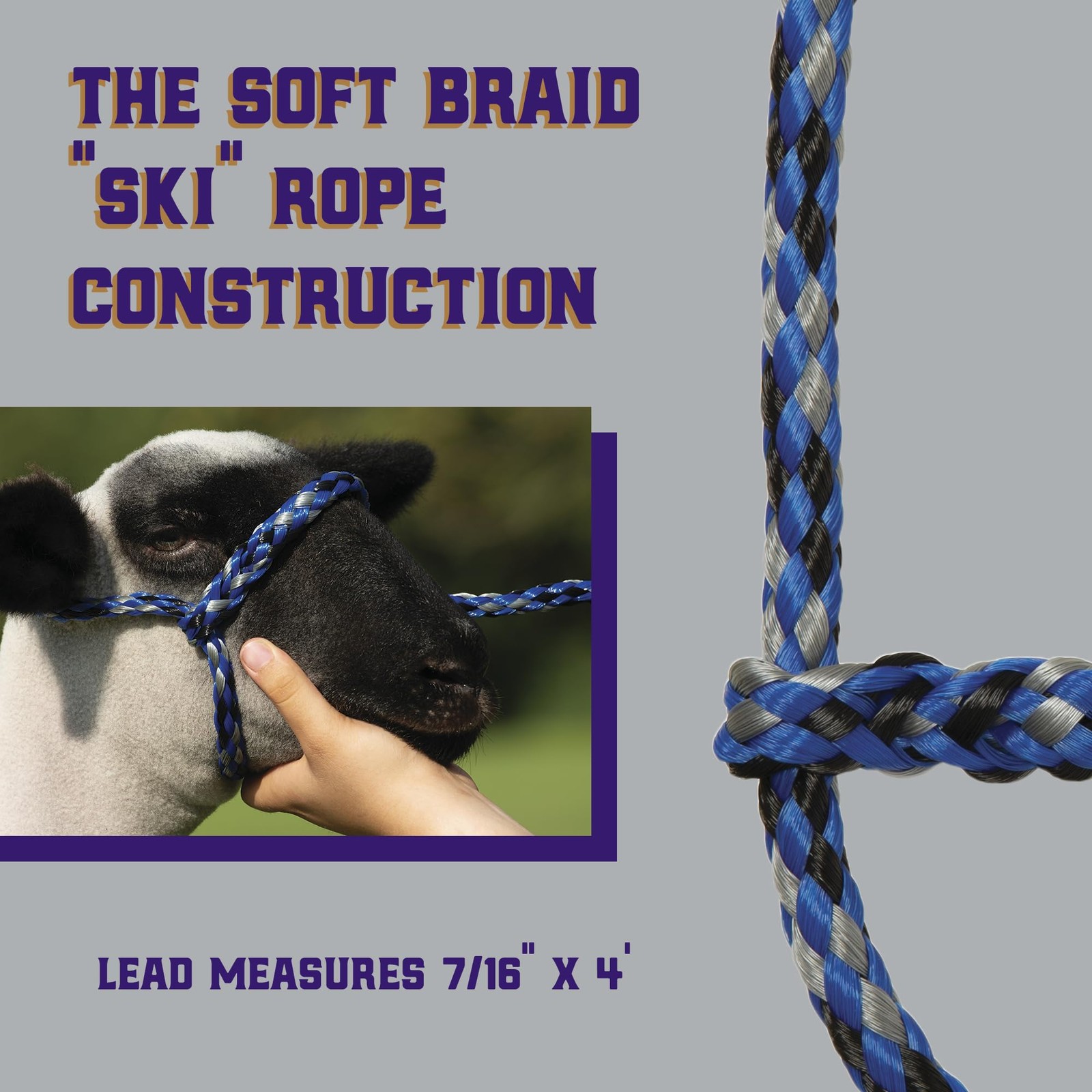 Weaver Livestock Poly Rope Sheep Halter, Modern 7/16″ x 4′, Blue/Black/Gray