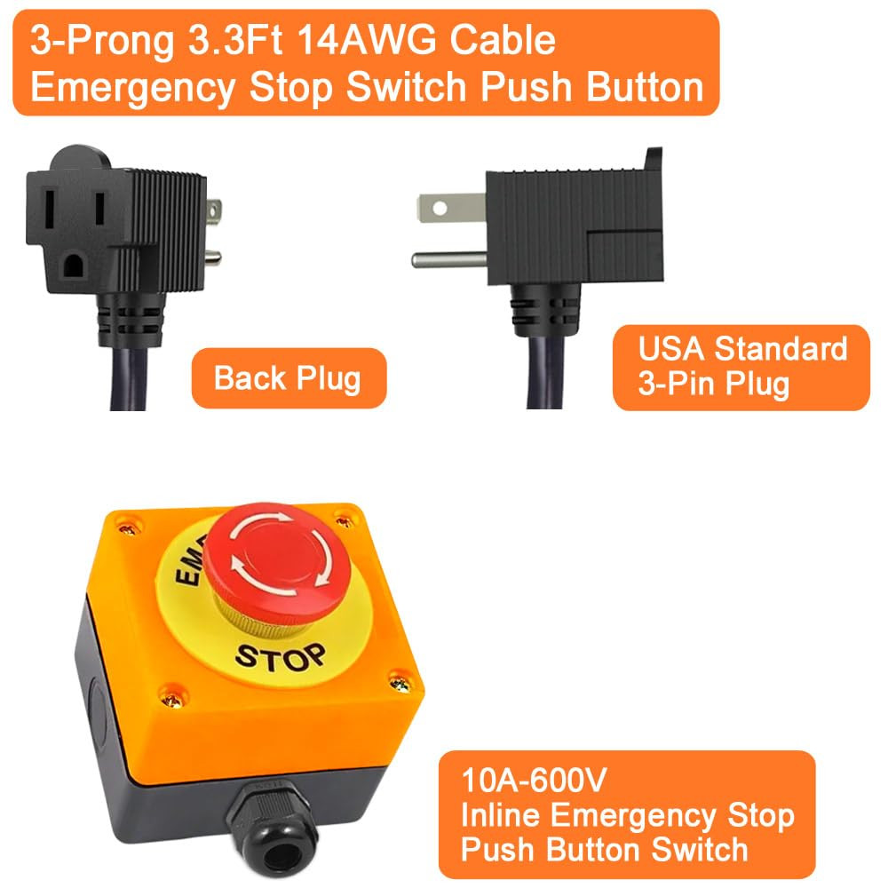 Emergency Stop Push Button Switch with 3.3-Ft 14AWG Cable & Piggyback Plug, IP67