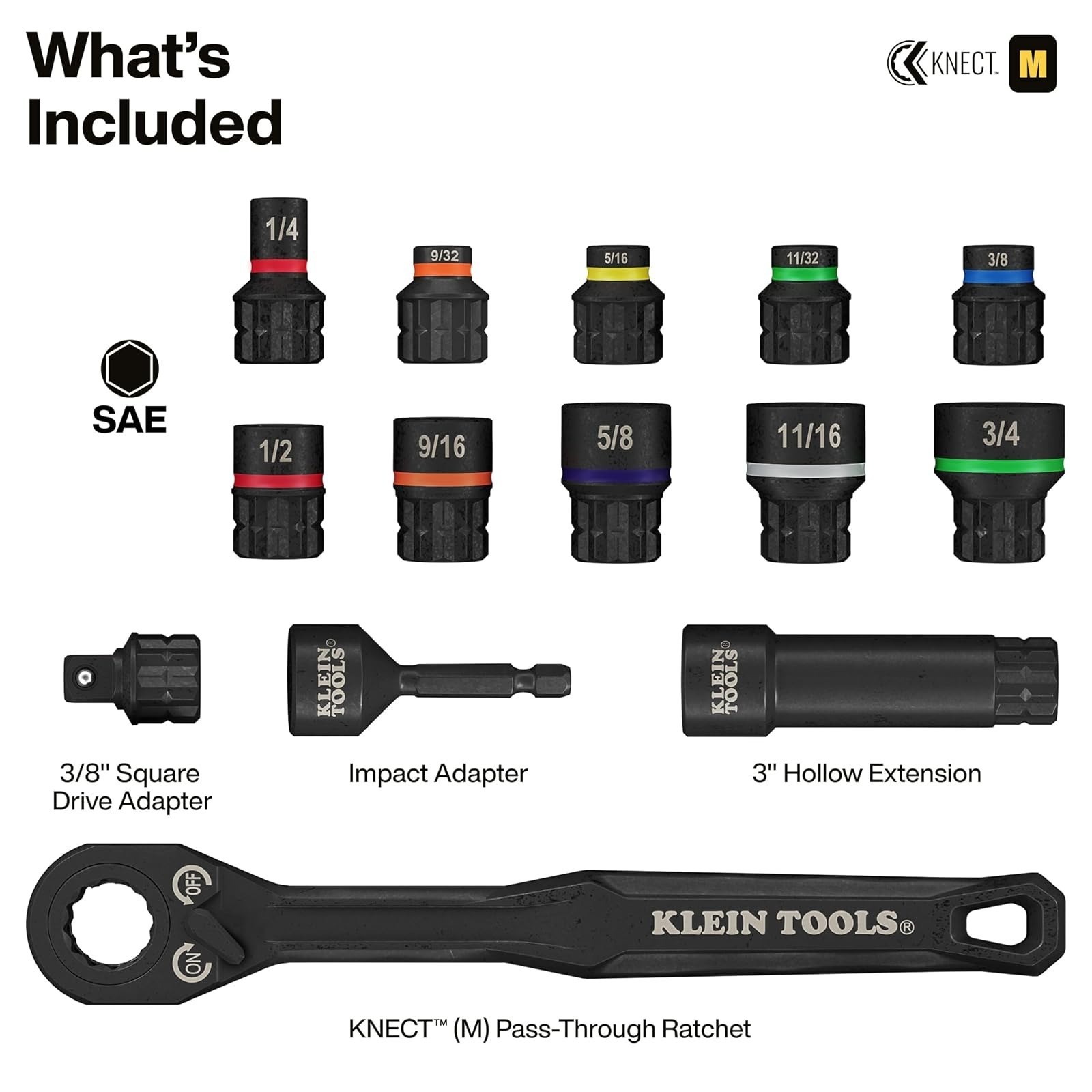 Klein Tools 65400 KNECT 15-Piece Pass Through Socket Set SAE Impact