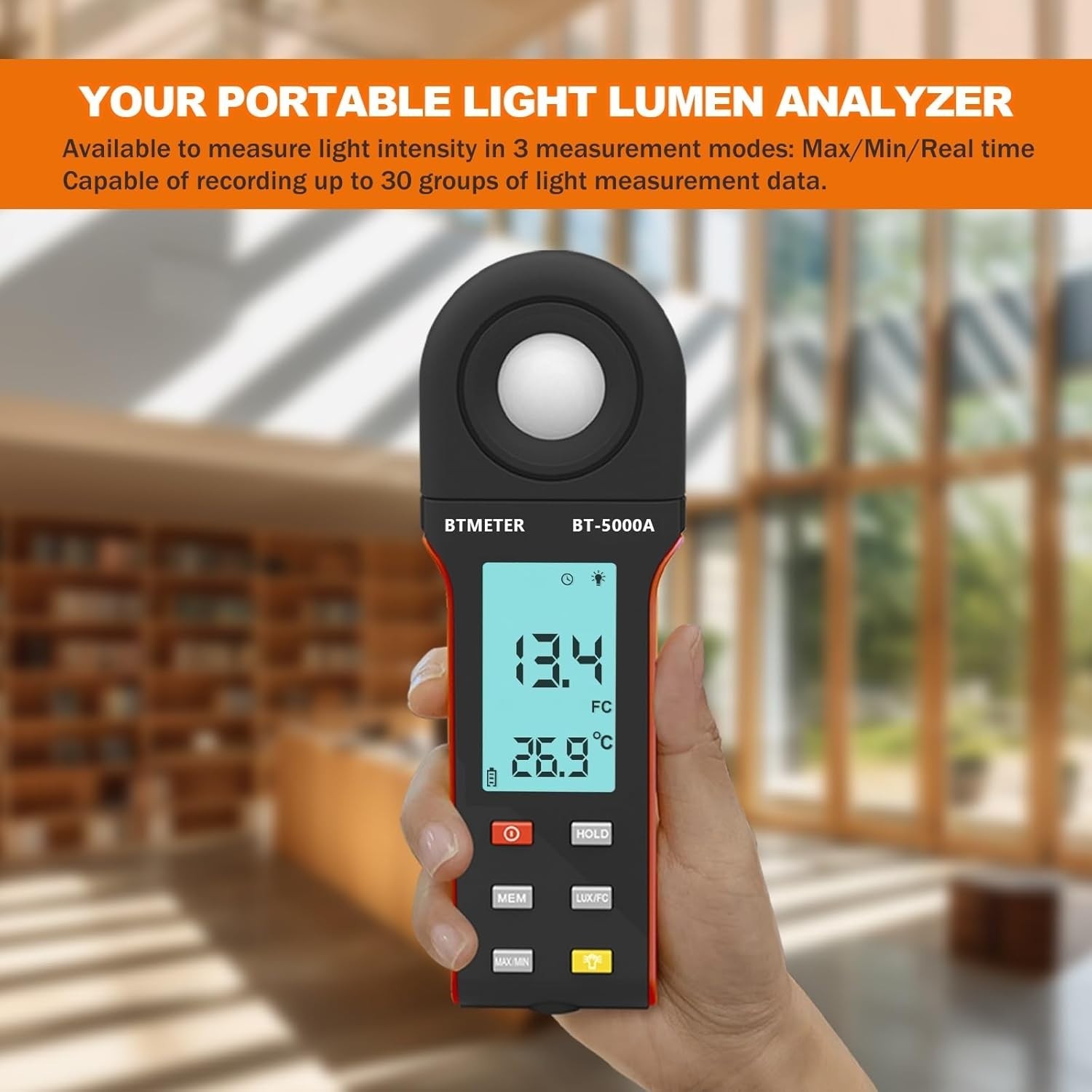 Light Lux Meter Logger BT-5000A, Digital Lumen Tester Measure Lighting Level In