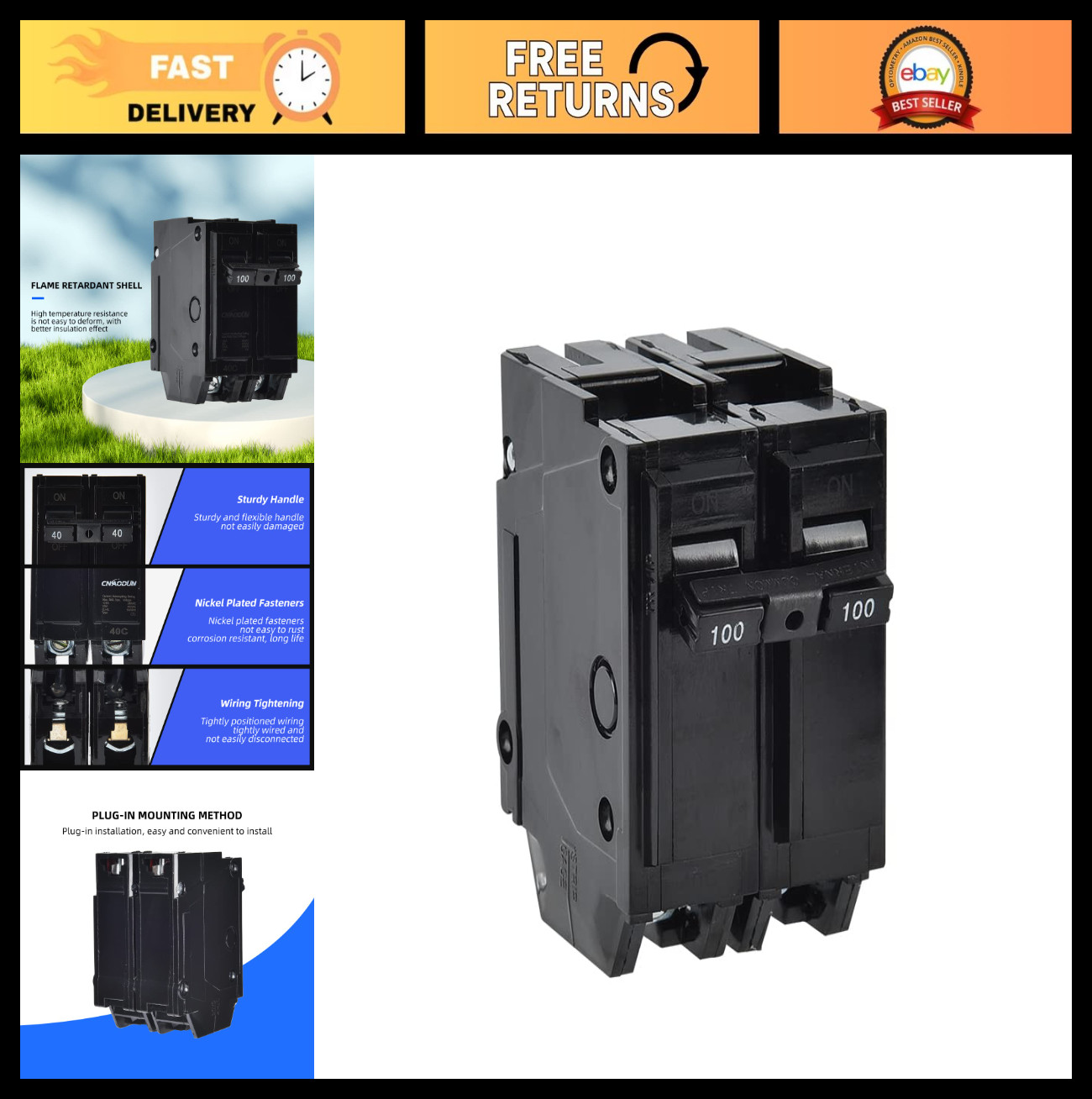100 Amp 2 Pole Circuit Breaker 120/240VAC Plug-in Mount 10KA Safety Switch