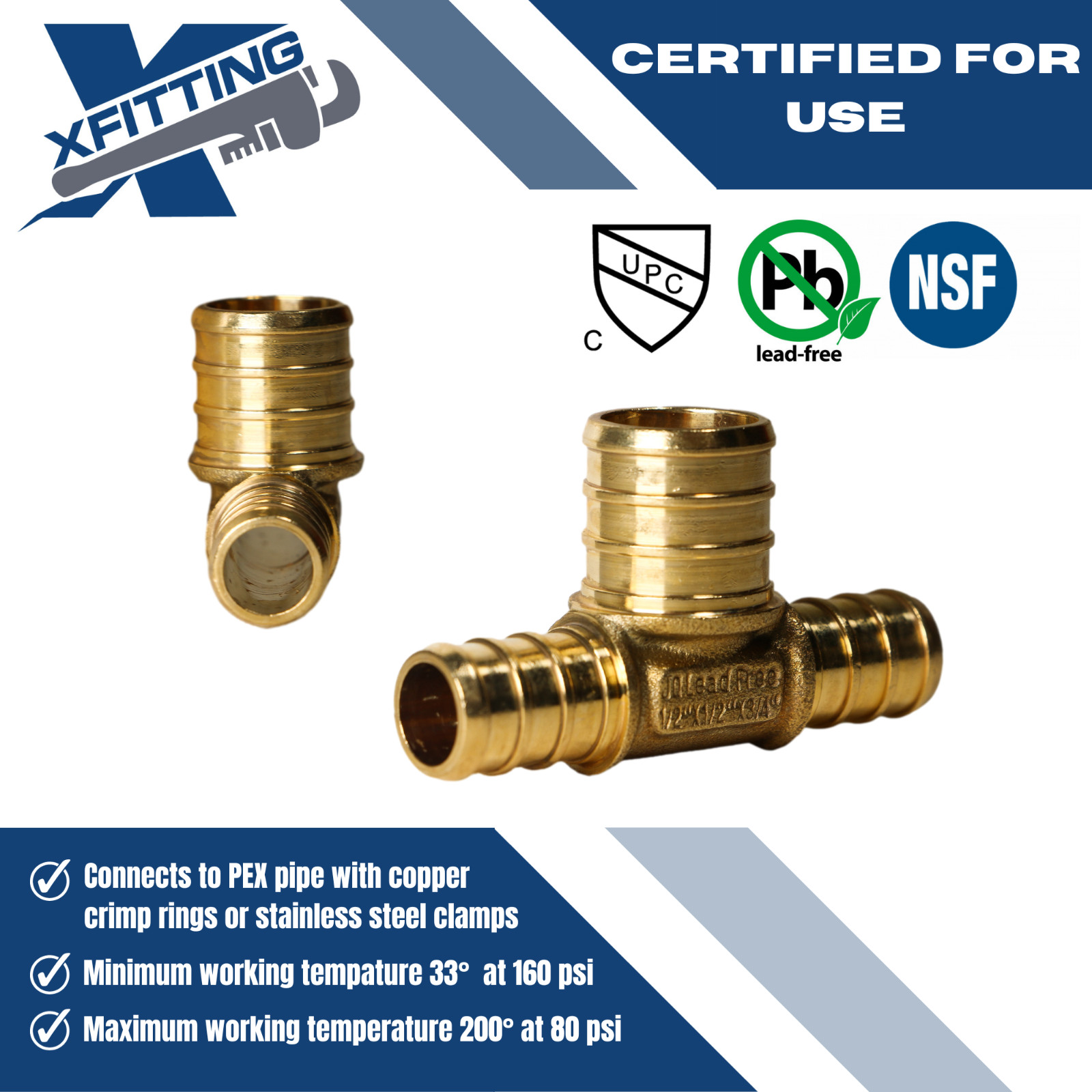 100 PIECES 1/2″ X 1/2″ X 3/4″ PEX TEE BRASS CRIMP FITTINGS ( LEAD FREE )