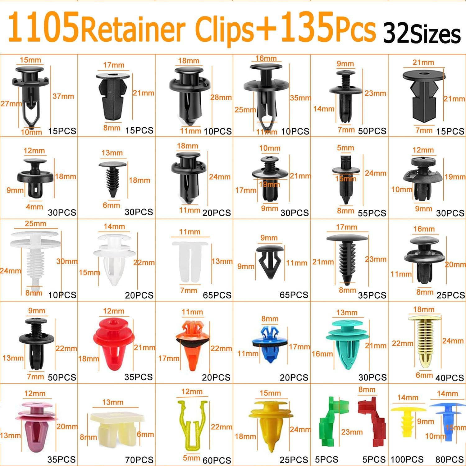 1240Pcs Car Push Retainer Clips & Auto Fasteners Kit 32 Most Popular Sizes Nylon