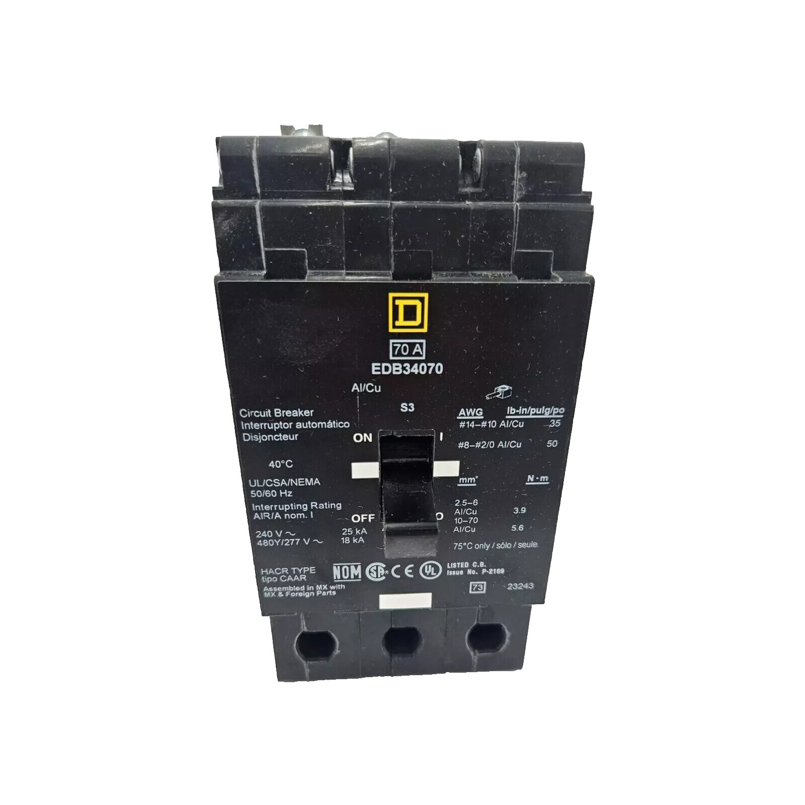 NIB – Square D – EDB34070 – Mini Circuit Breaker, 70A, E-Frame, 3 Pole, 480Y/277