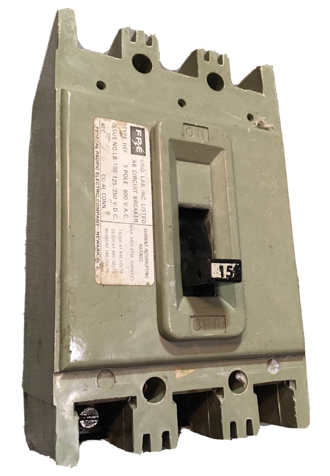 FEDERAL PACIFIC Electric HEF631015 15A 600V 3P CIRCUIT BREAKER WARRANTY FPE HEF