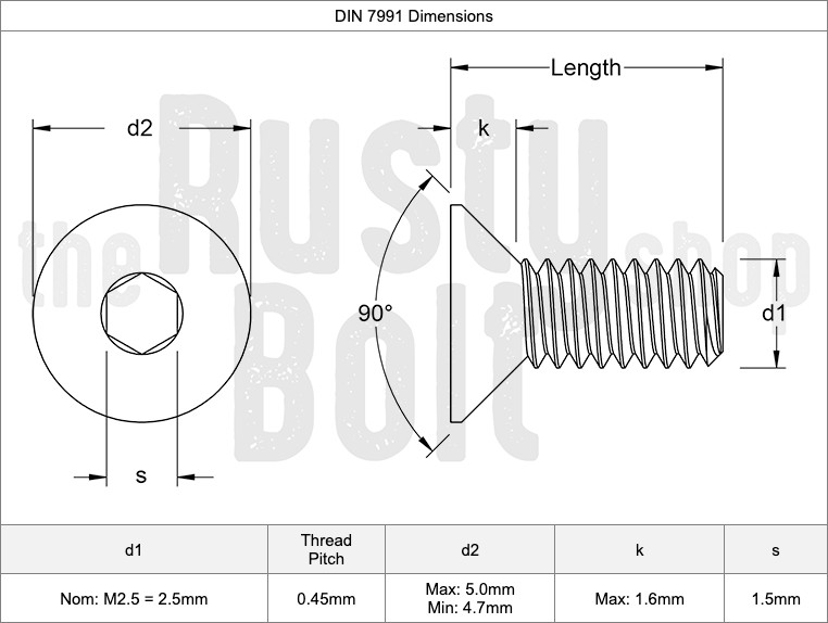 M2.5 x 8mm, Socket Flat Head Screws, 10.9 Steel, Black, Countersunk