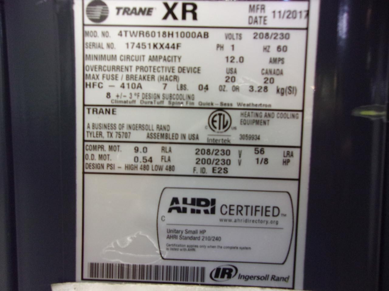 TRANE Used Central Air Conditioner Condenser 4TWR6018H1000A8 ACC-22676