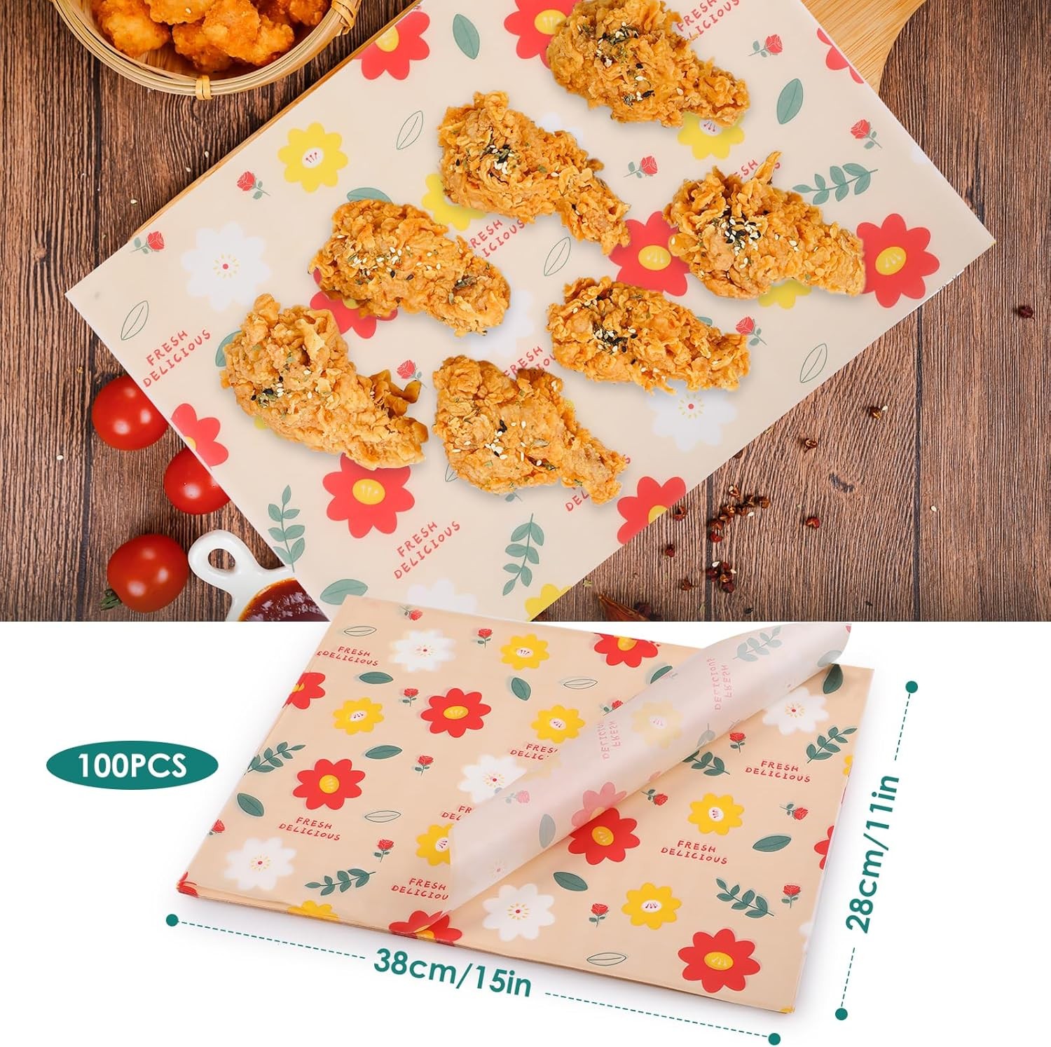 100 Pcs Waxed Deli Paper Sheets Food Basket Liners Sandwich Wrap 11×15 Floral