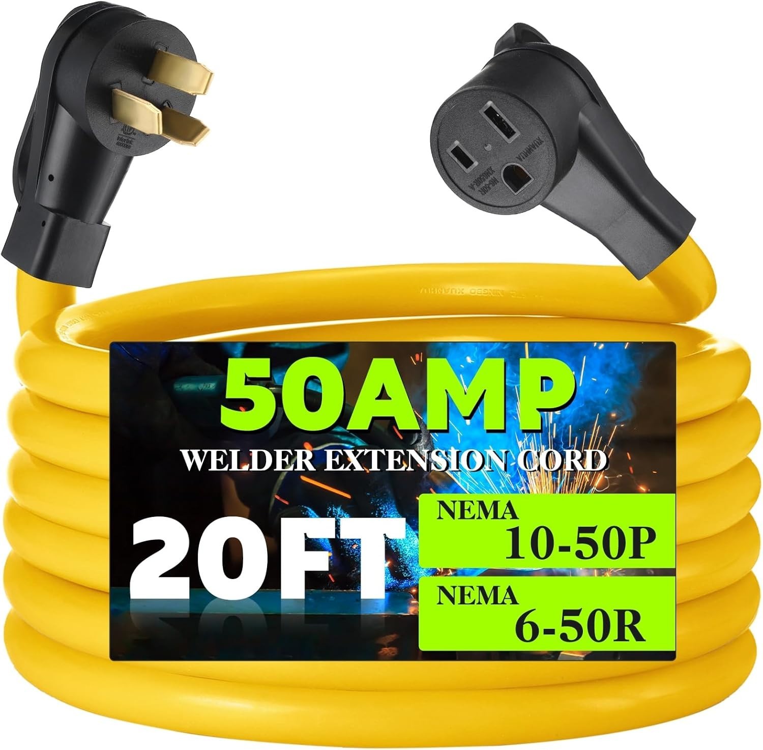 20FT NEMA 10-50P to 6-50R Welder Adapter Cord, 50 Amp 3 Prong 10-50P Male to 6-5