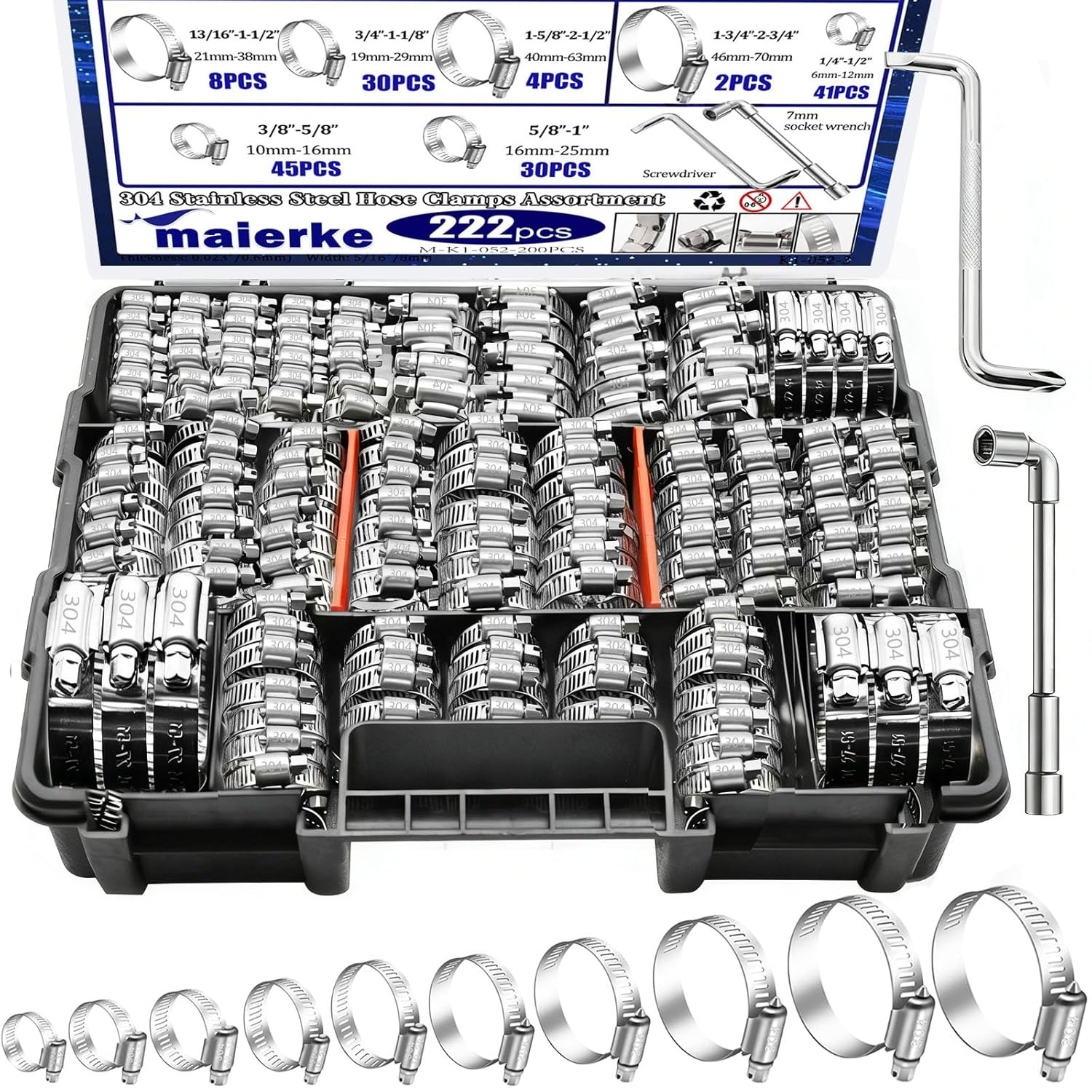 222 PCS Stainless Steel Hose Clamps Assortment Kit 6-70mm Worm Gear Set