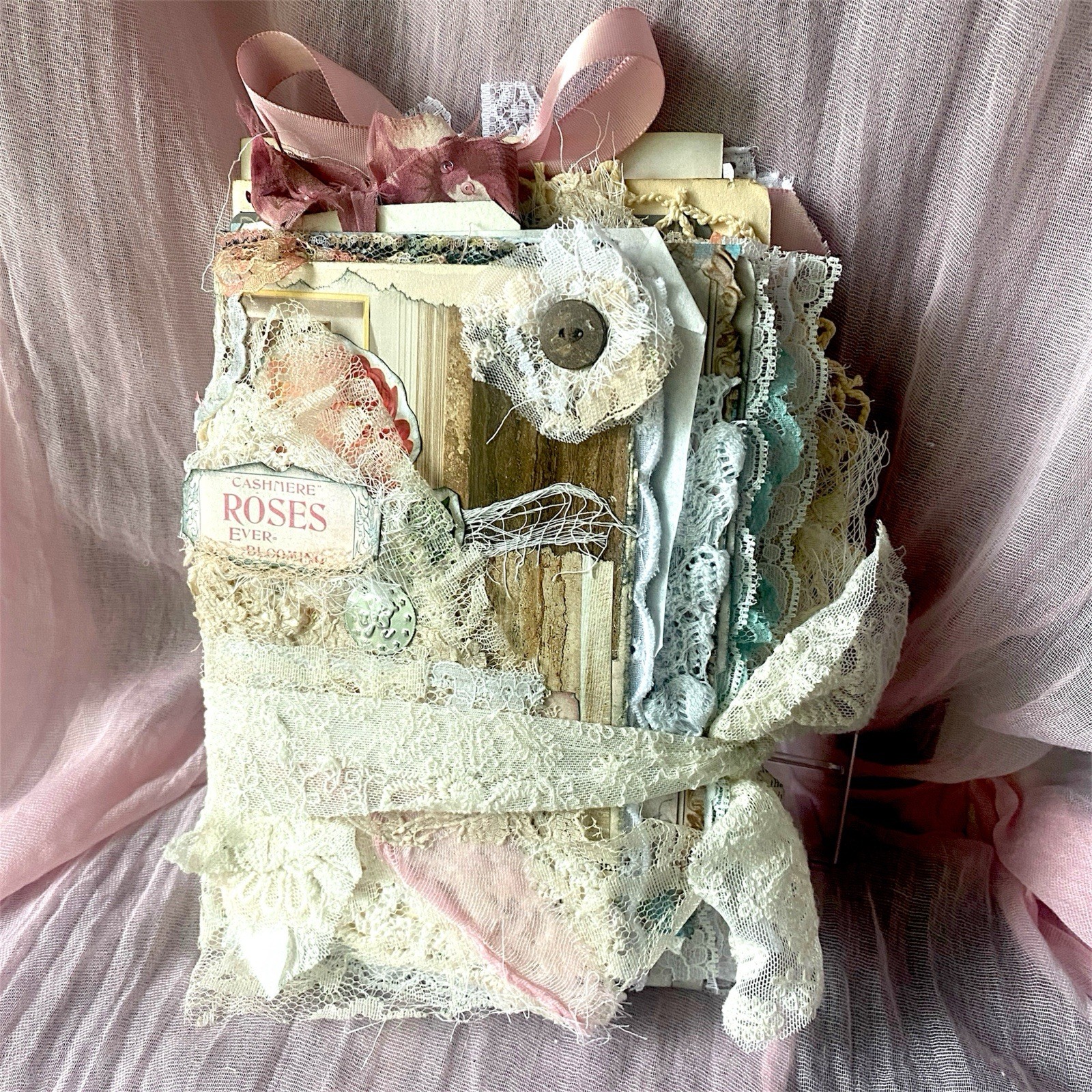 Handmade Shabby Chic Layered Junk Journal – Romantic Floral Scrapbook Diary Book