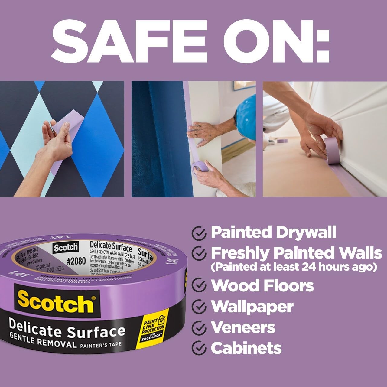 Scotch Delicate Surface Painter’s Tape 0.94 Inch X 60 Yd Purple For Easy Removal