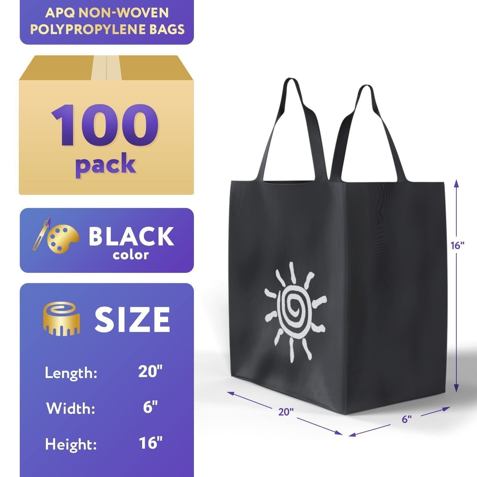 Black Shopping Bags Non-Woven Polypropylene Sun Print 100 Count 20 x 6 x 16 in