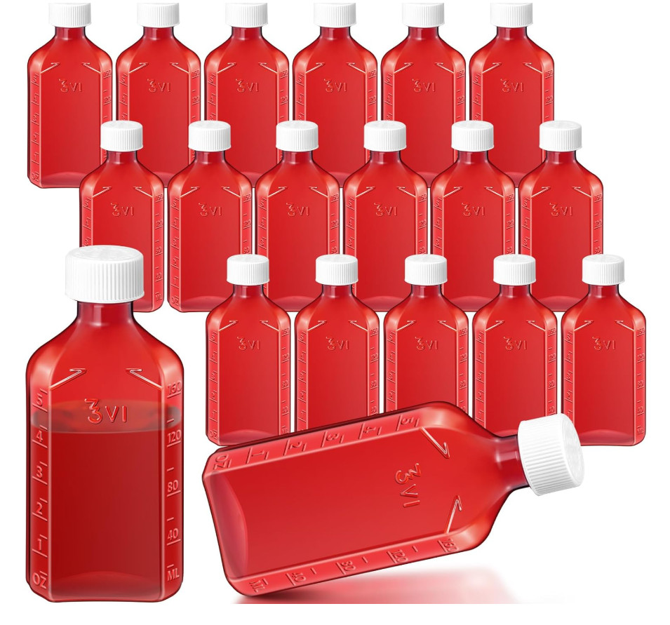 Amber Graduated Oval Liquid Medicine Bottle, Plastic w/ CR Caps, Multiple Sizes