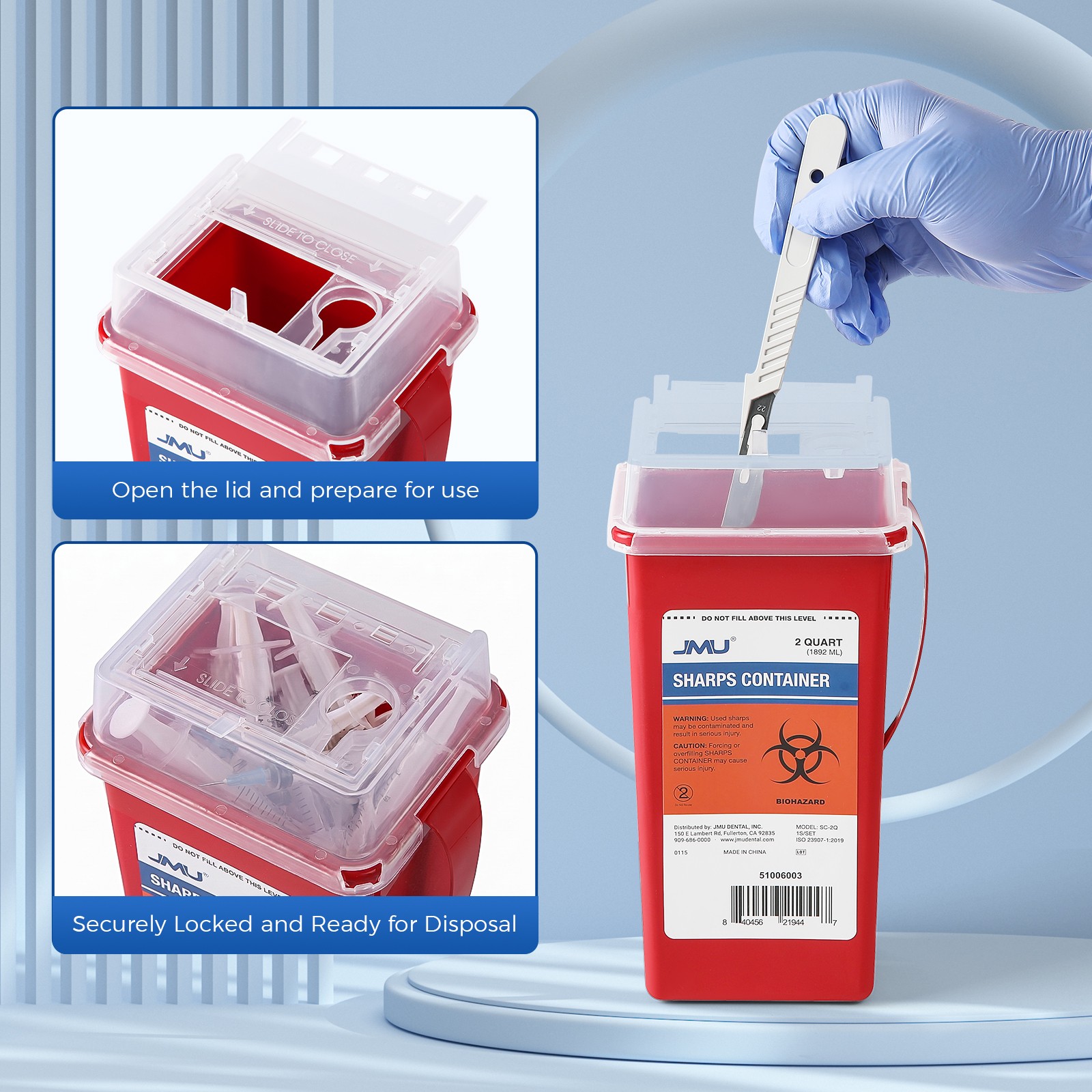 JMU Healthcare Red Base SharpStar Sharps Container 2 Quart Rotor Opening Lid