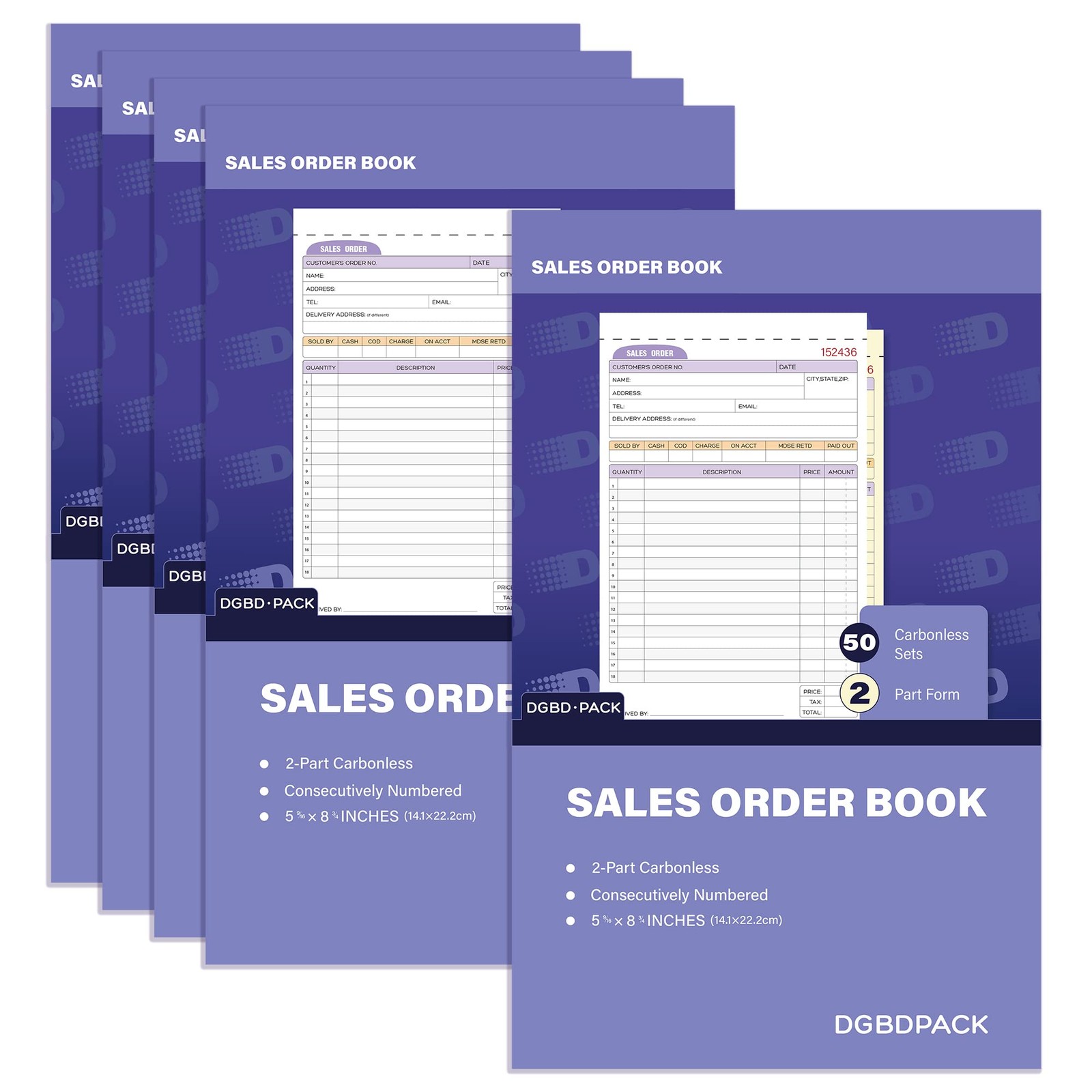 Sales Order Book 5 Pack, 2 Part Carbonless Invoices, White/Canary, 5-9/16 x 8-3/