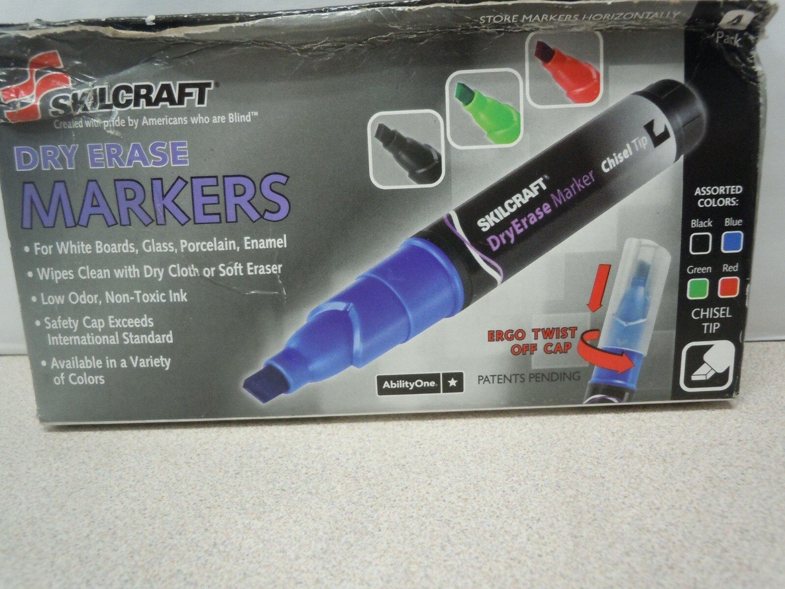 Skilcraft Dry Erase Markers 4 Pack Black, Blue, Green, Red Chisel Tip New