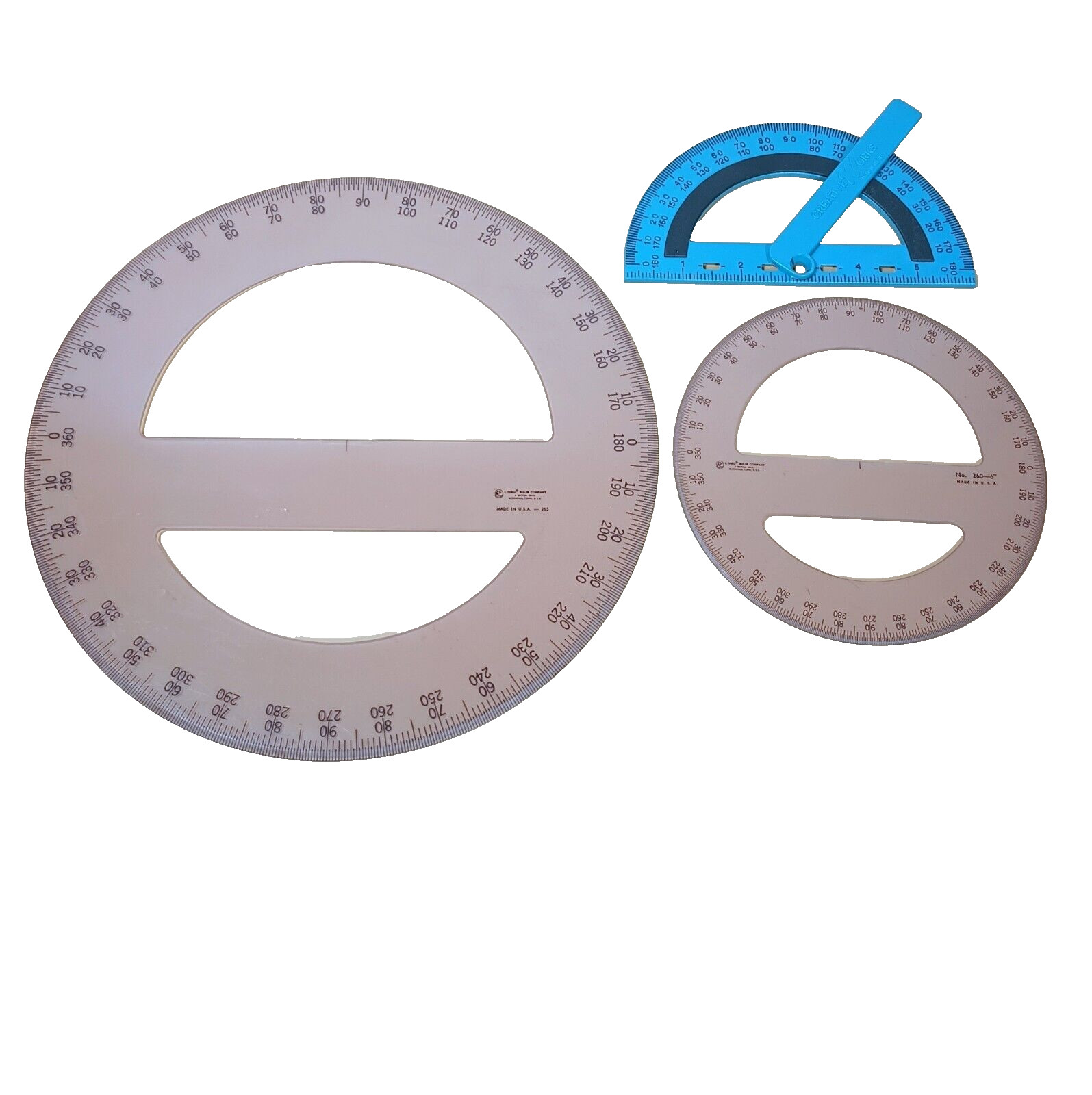 3 Pcs Protractor Set Two 360 Round , One 180 Swing Arm Plastic, Easy To Read
