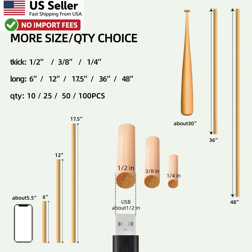 1/4 x 12 Inch Wooden Dowel Rods 25 PCS Unfinished Bamboo Sticks For Crafts USA