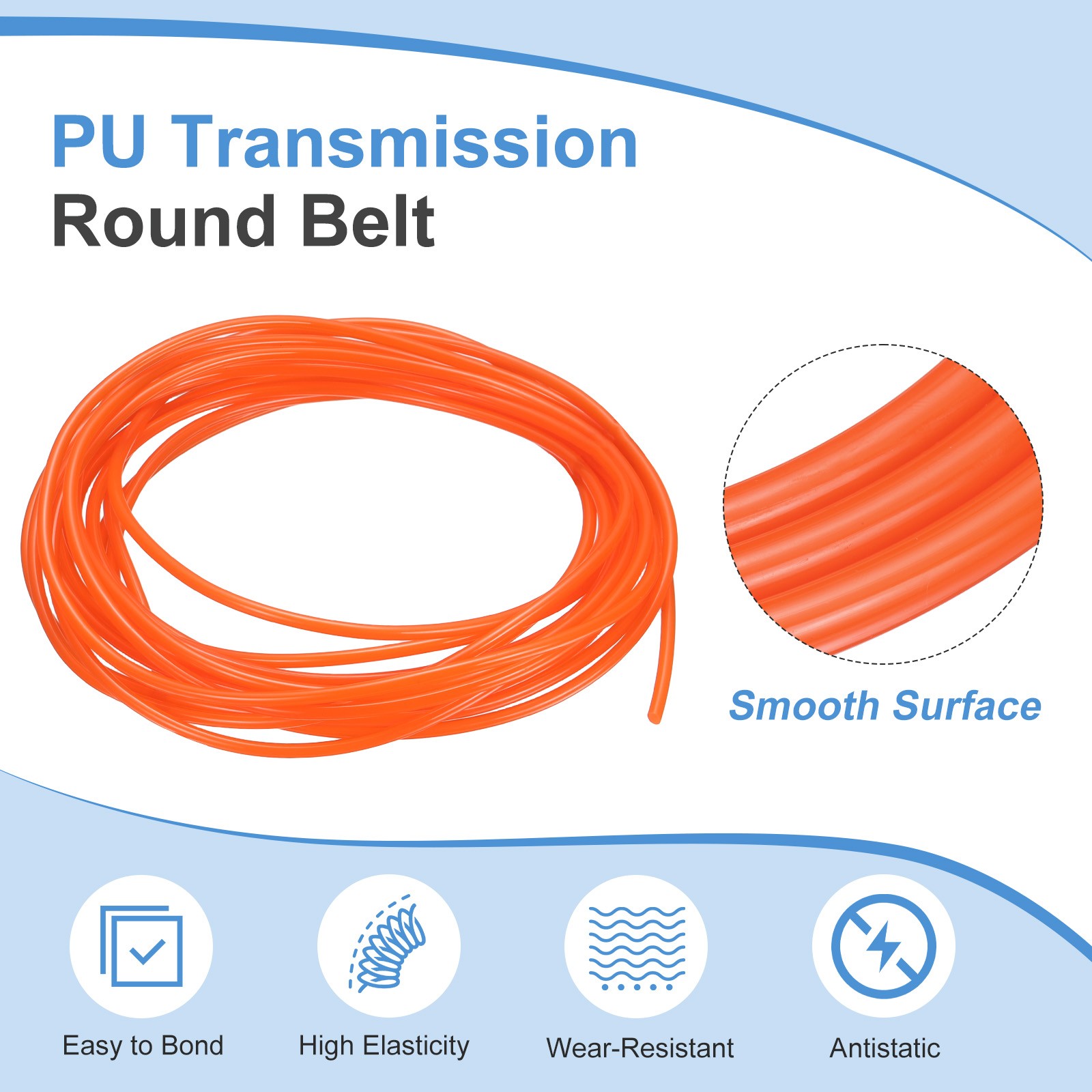 PU Transmission Belt, 2.5mm Dia 10ft (3 Meters) Length (Smooth Surface, Orange)