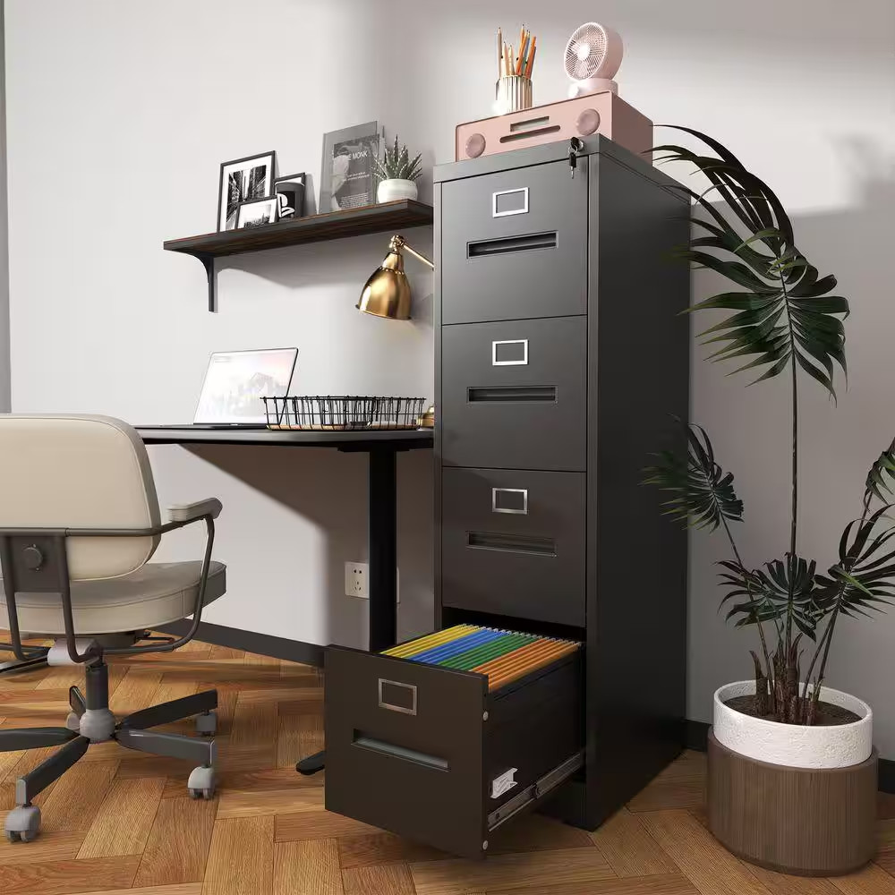 17.72 In. W 4 Drawer Steel File Cabinet with Lock, Black Filing Cabinets, Modern