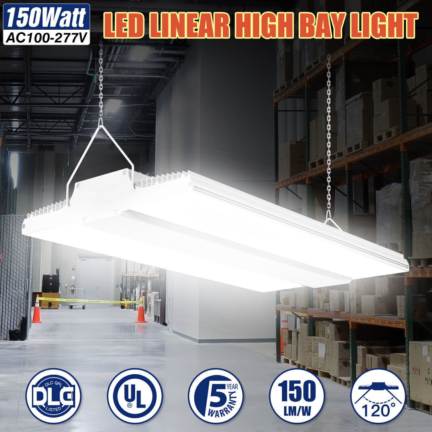 150W Led Linear High Bay Light 22,500LM 5000K Daylight Warehouse Factory Lights