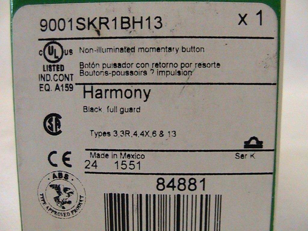 1 NEW SCHNEIDER ELECTRIC HARMONY NON-ILLUMINATED MOMENTARY BUTTON 9001 SKR1BH13