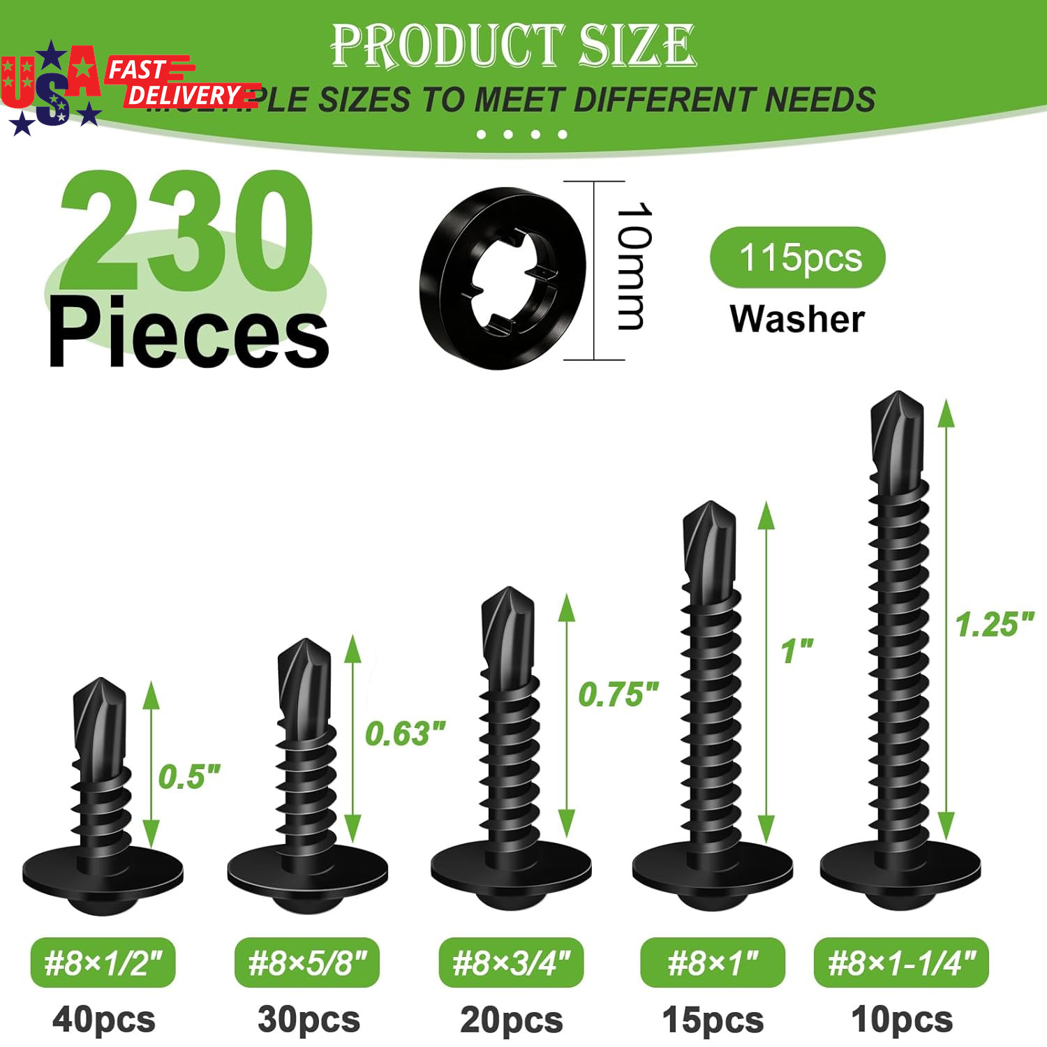 230PCS #8 Self Tapping Screws,410 Stainless Steel Self Tapping Screws for Metal,