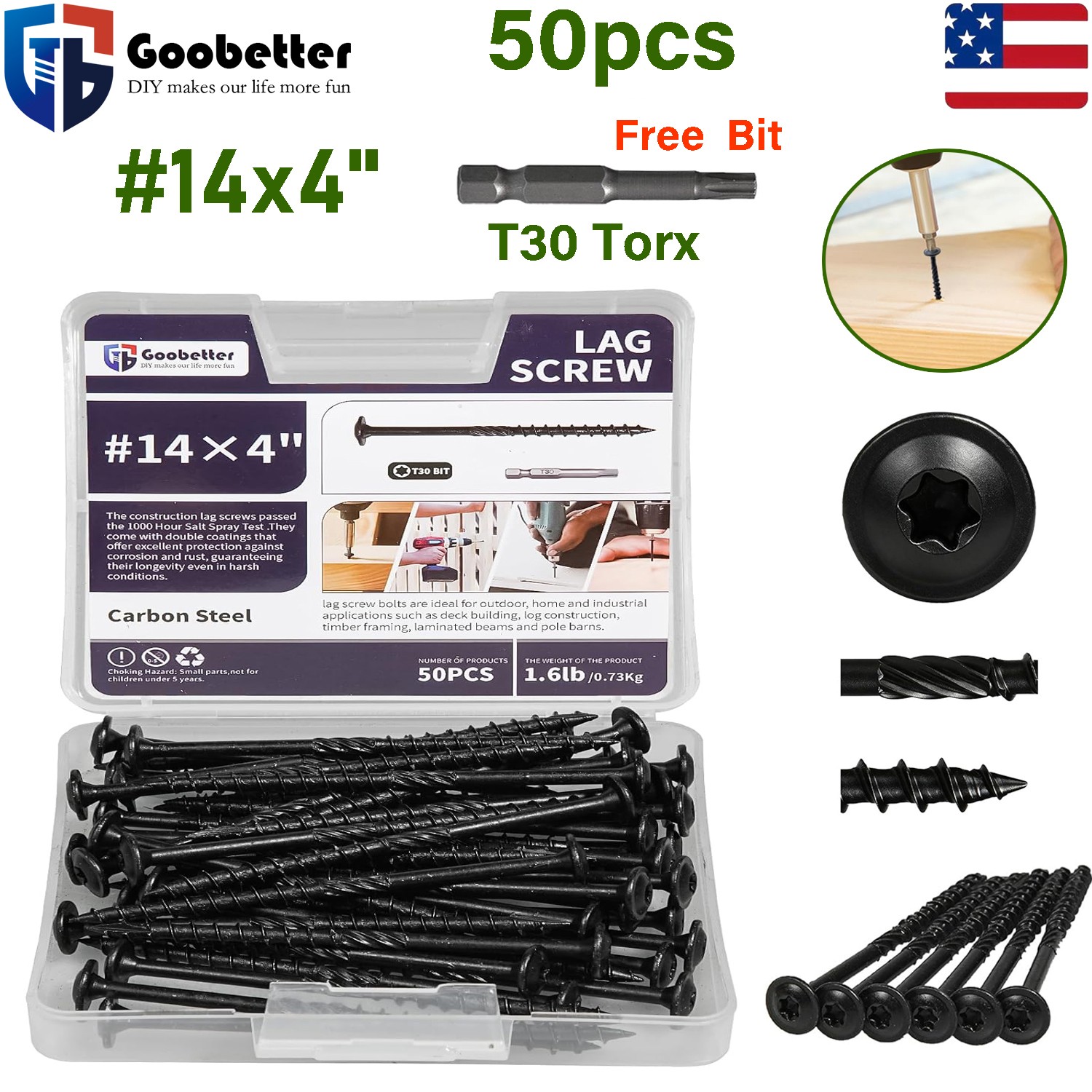 #14×4″ Lag Screws 50pcs Torx Drive Structural Wood Timber Screws w/ T30 Star Bit