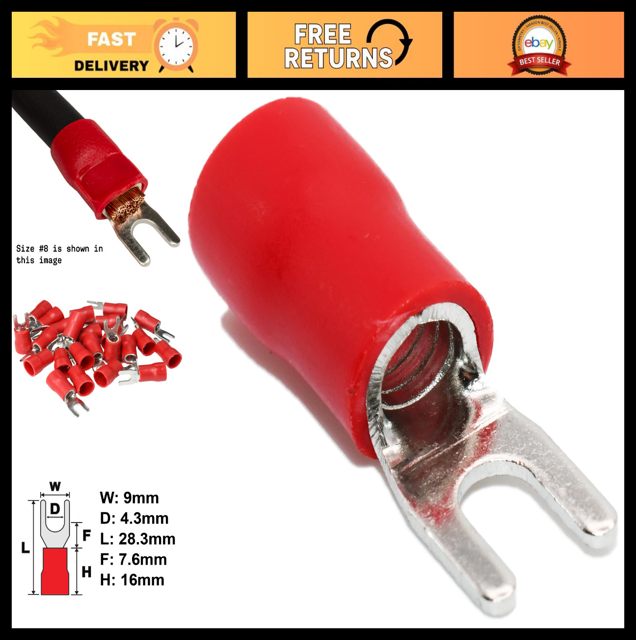 500PCS 8 AWG Fork Spade Crimp Connectors, PVC Insulated, 600V 62A, CE & RoHS