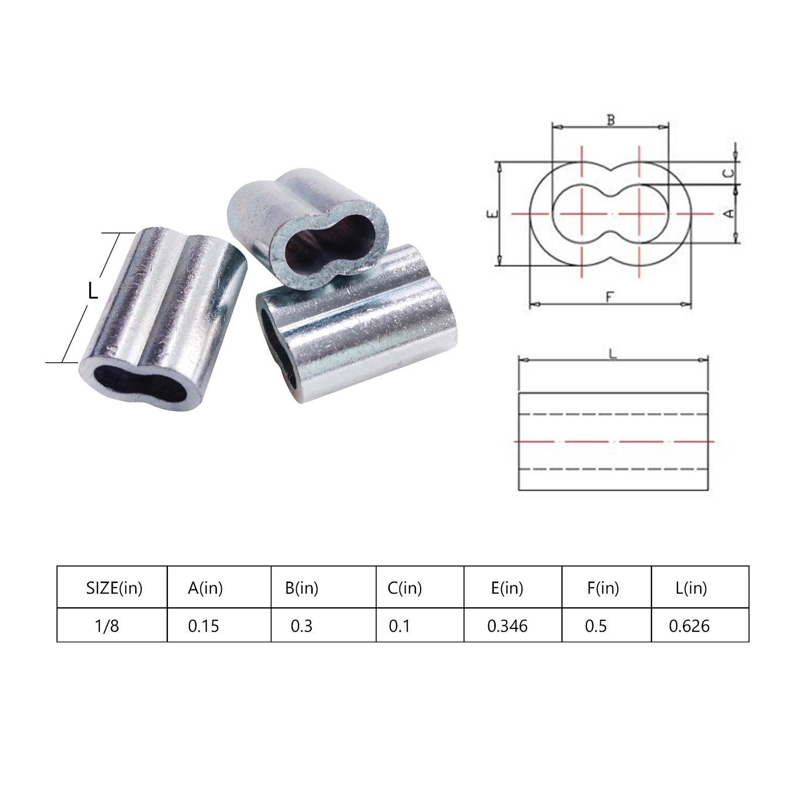 HIGOOD Aluminum Swage Sleeves for Wire Rope Dia 1/8″, Aluminum Alloy, PK 100