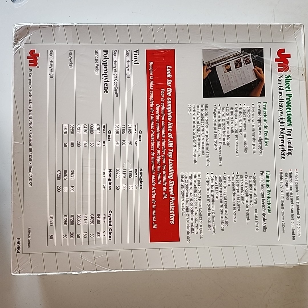 JM Heavyweight Top Loading 200 Pak Sheet Protectors Non-Glare8 1/2″ x 11″ 3 Hole
